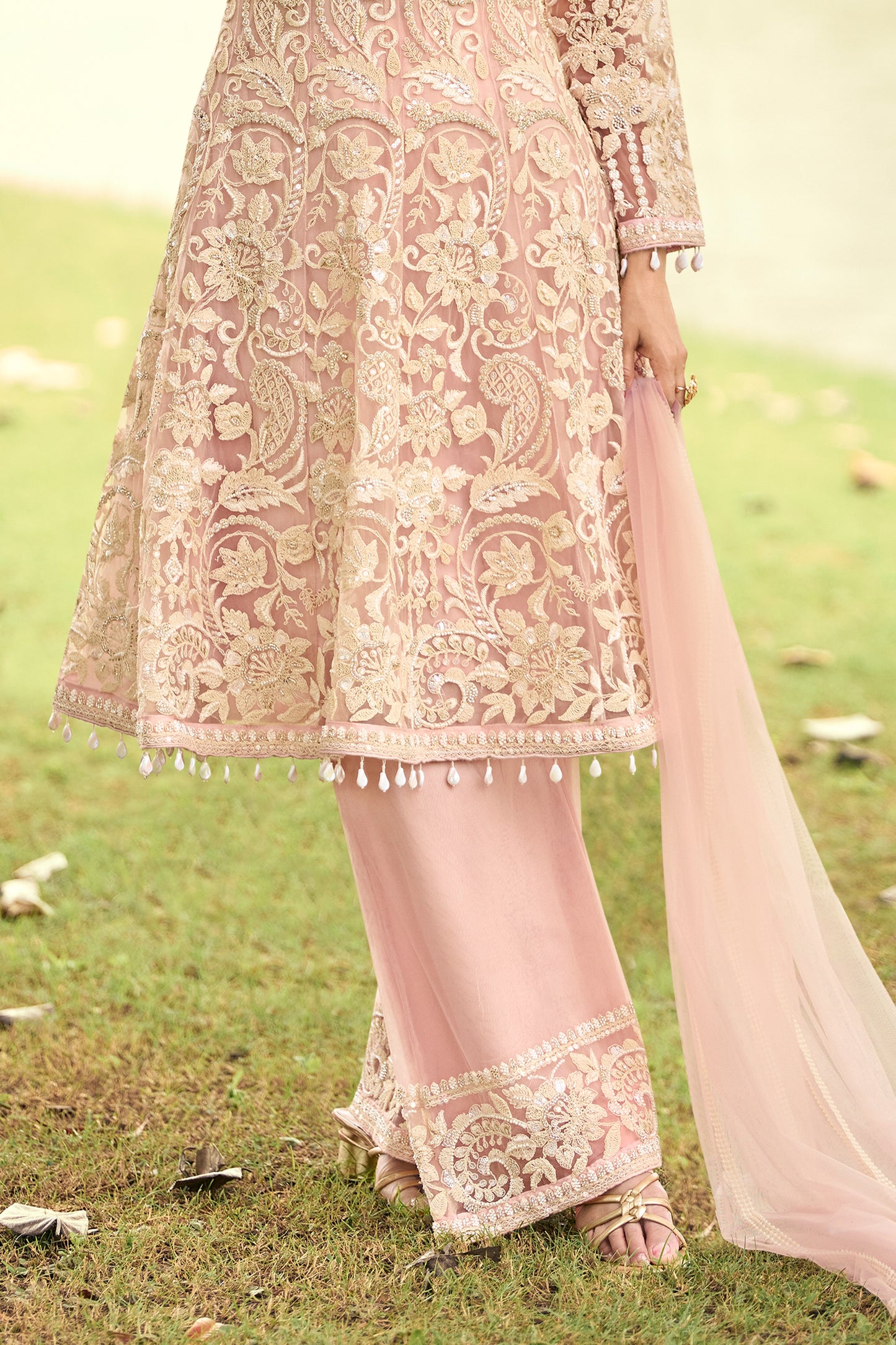Pink Readymade Embroidered Net Suit