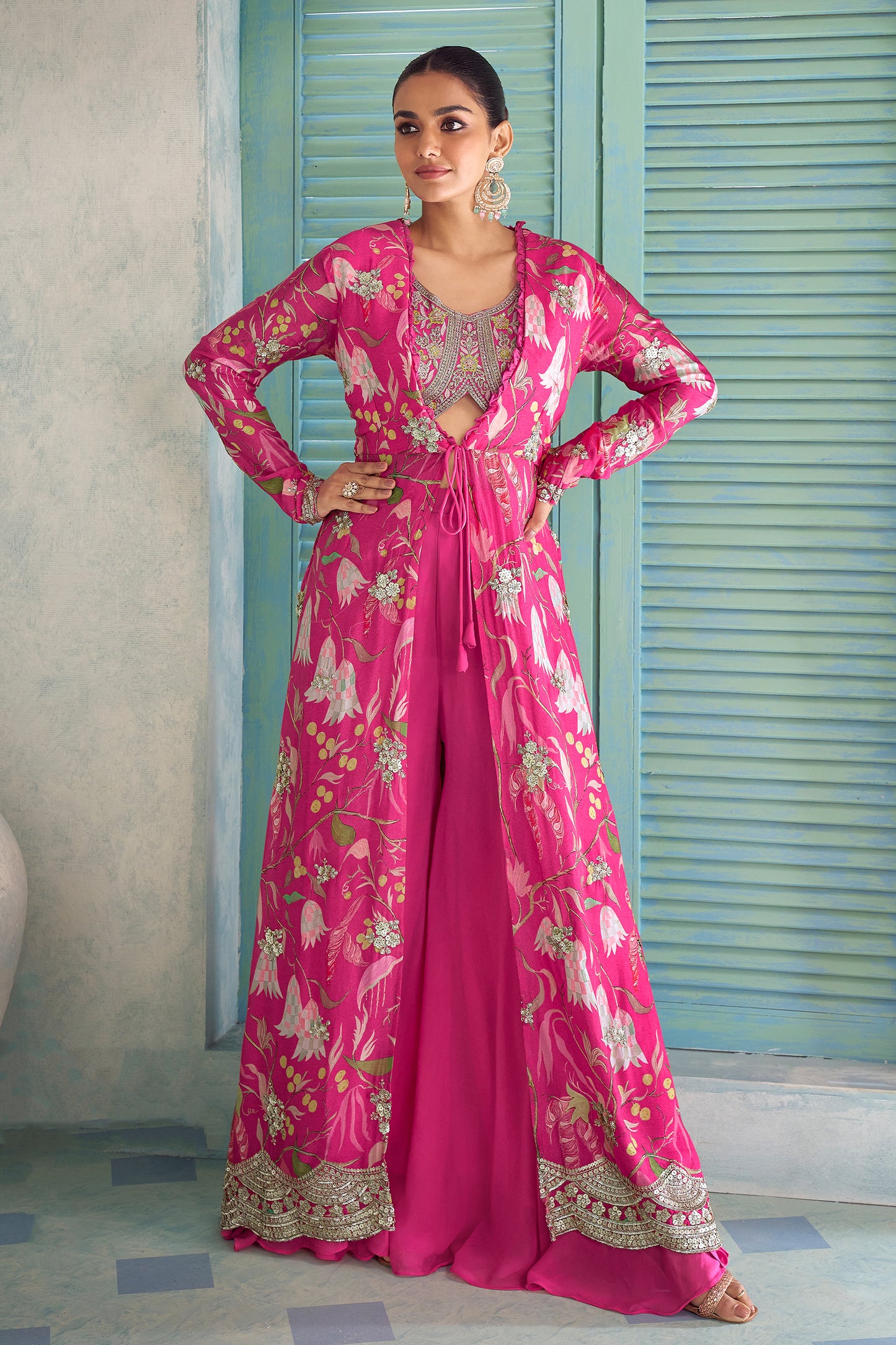 Pink Readymade Embroidered Palazzo Set With Long Shrug-SAR13120_1_SareeButa.com