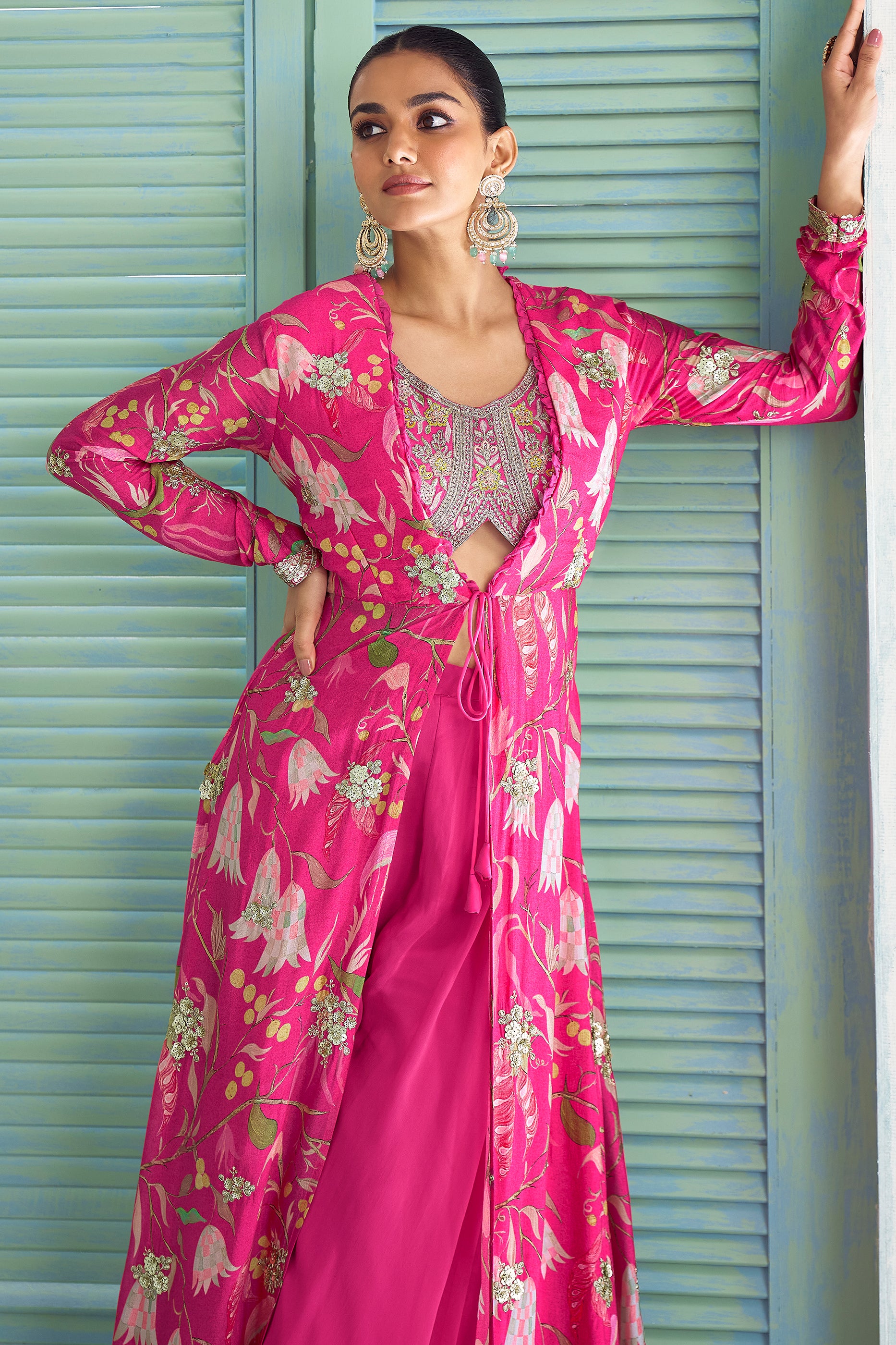 Pink Readymade Embroidered Palazzo Set With Long Shrug-SAR13120_2_SareeButa.com