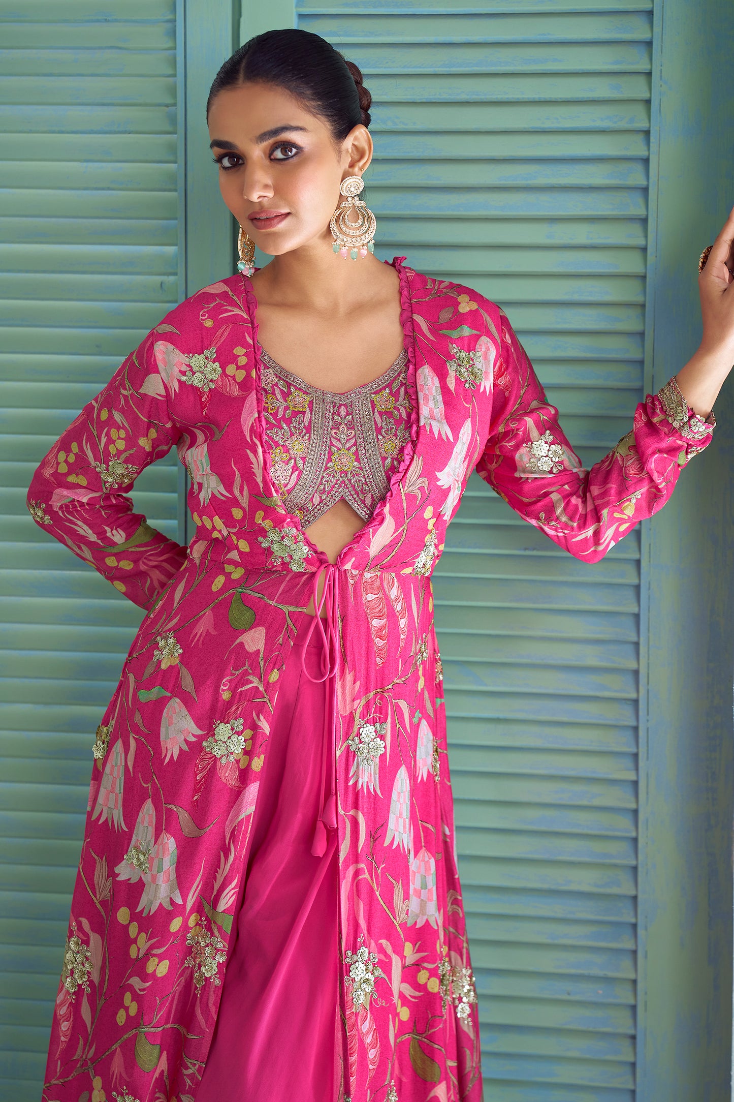Pink Readymade Embroidered Palazzo Set With Long Shrug-SAR13120_3_SareeButa.com