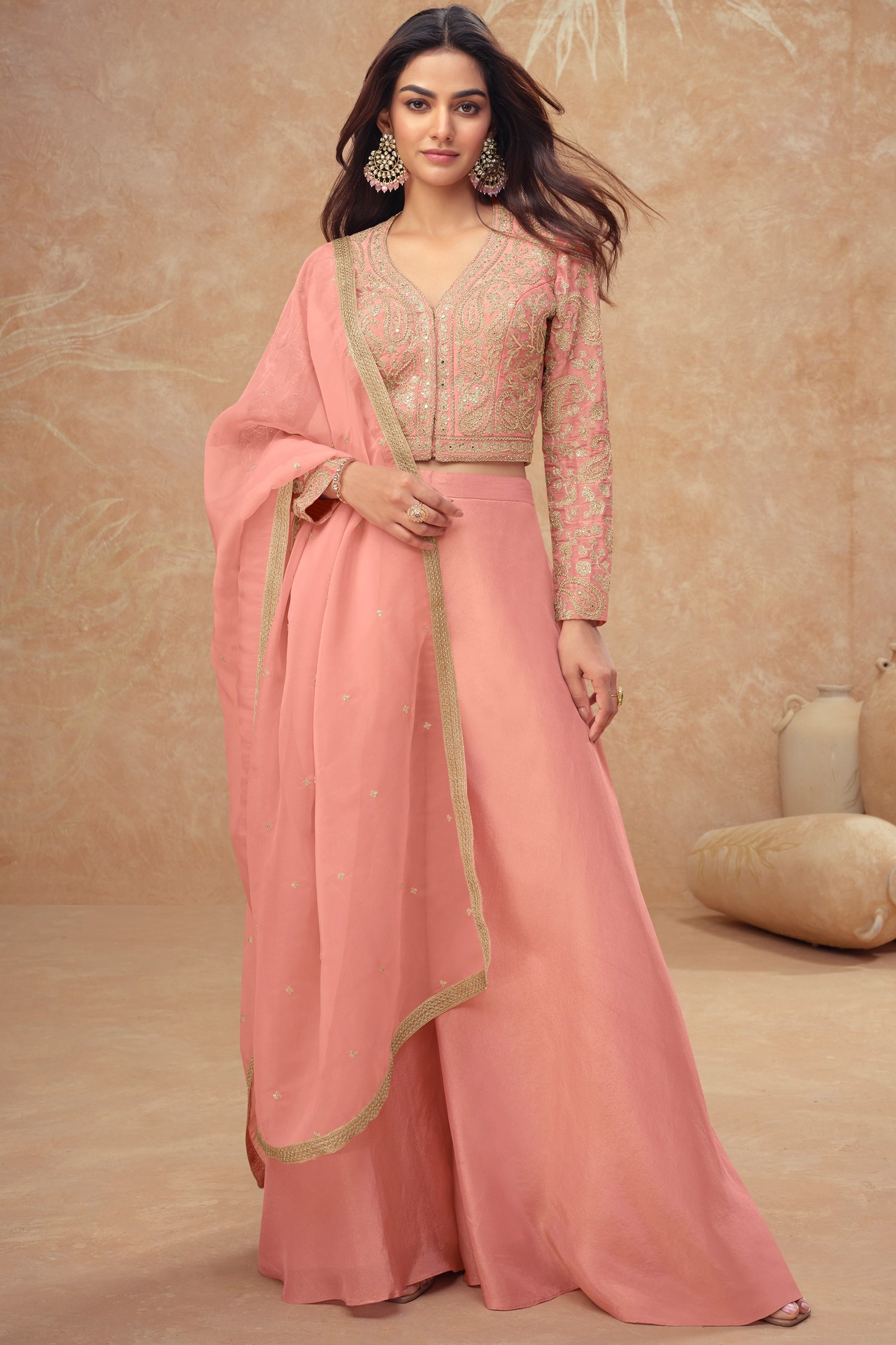 Shop for Pink Readymade Embroidered Silk Palazzo Set Online | Saree ...
