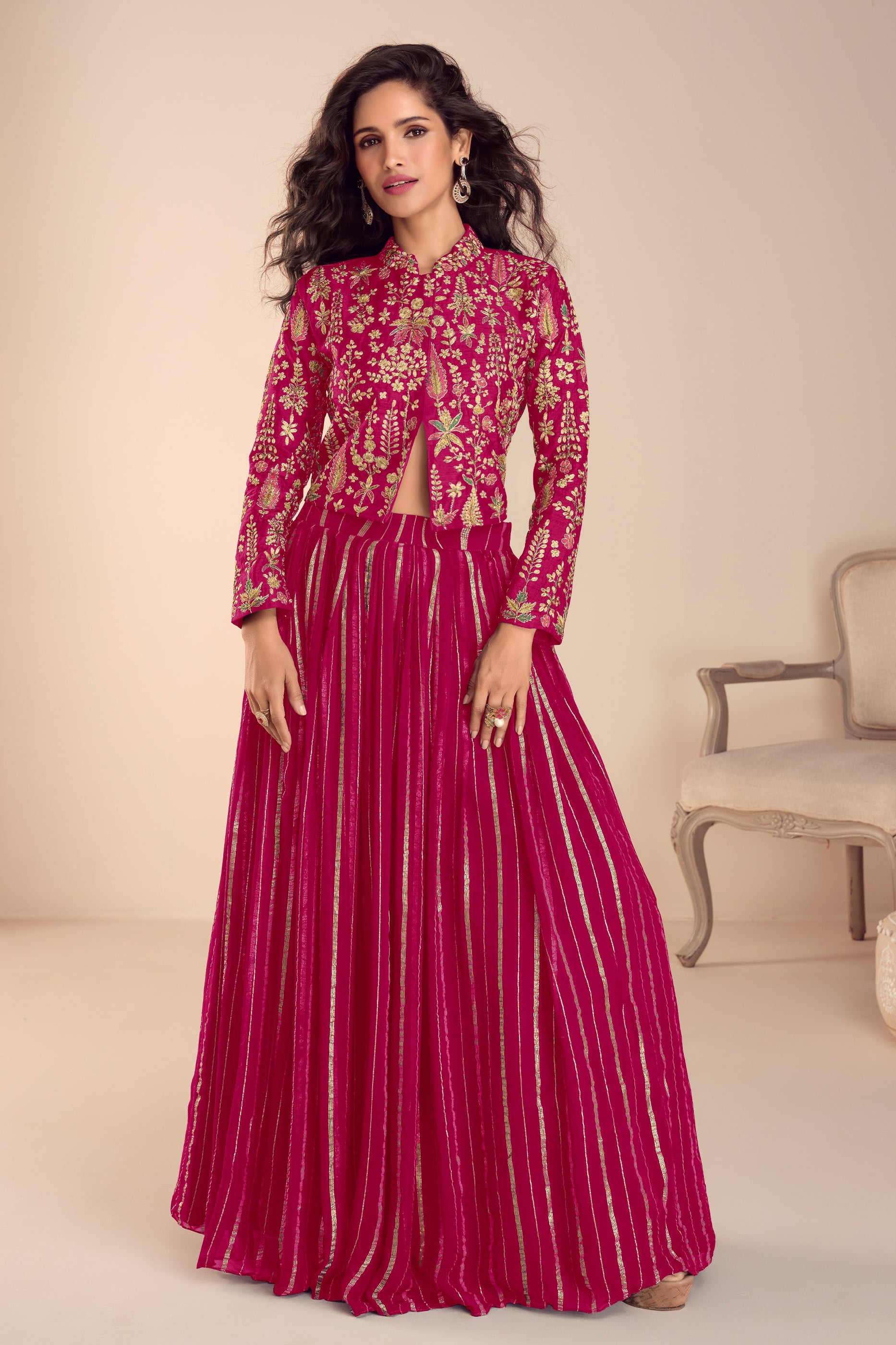 Pink Readymade Embroidered Skirt Set-SAR11686_1_SareeButa.com
