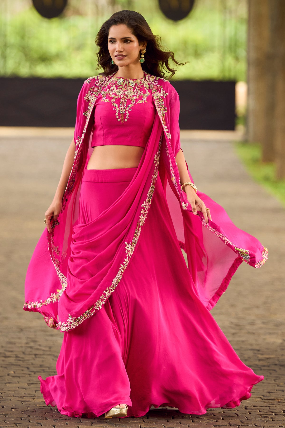 Pink Readymade Embroidered Skirt Set With Shrug-SAR13319_1_SareeButa.com