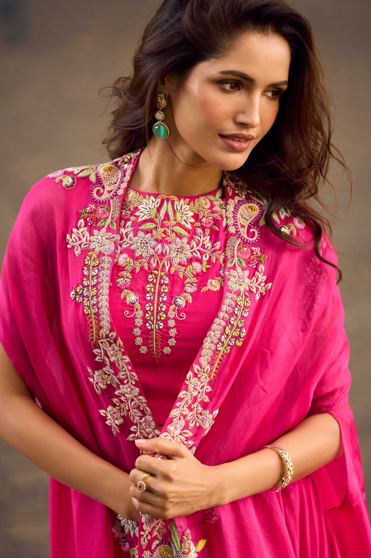 Pink Readymade Embroidered Skirt Set With Shrug-SAR13319_2_SareeButa.com
