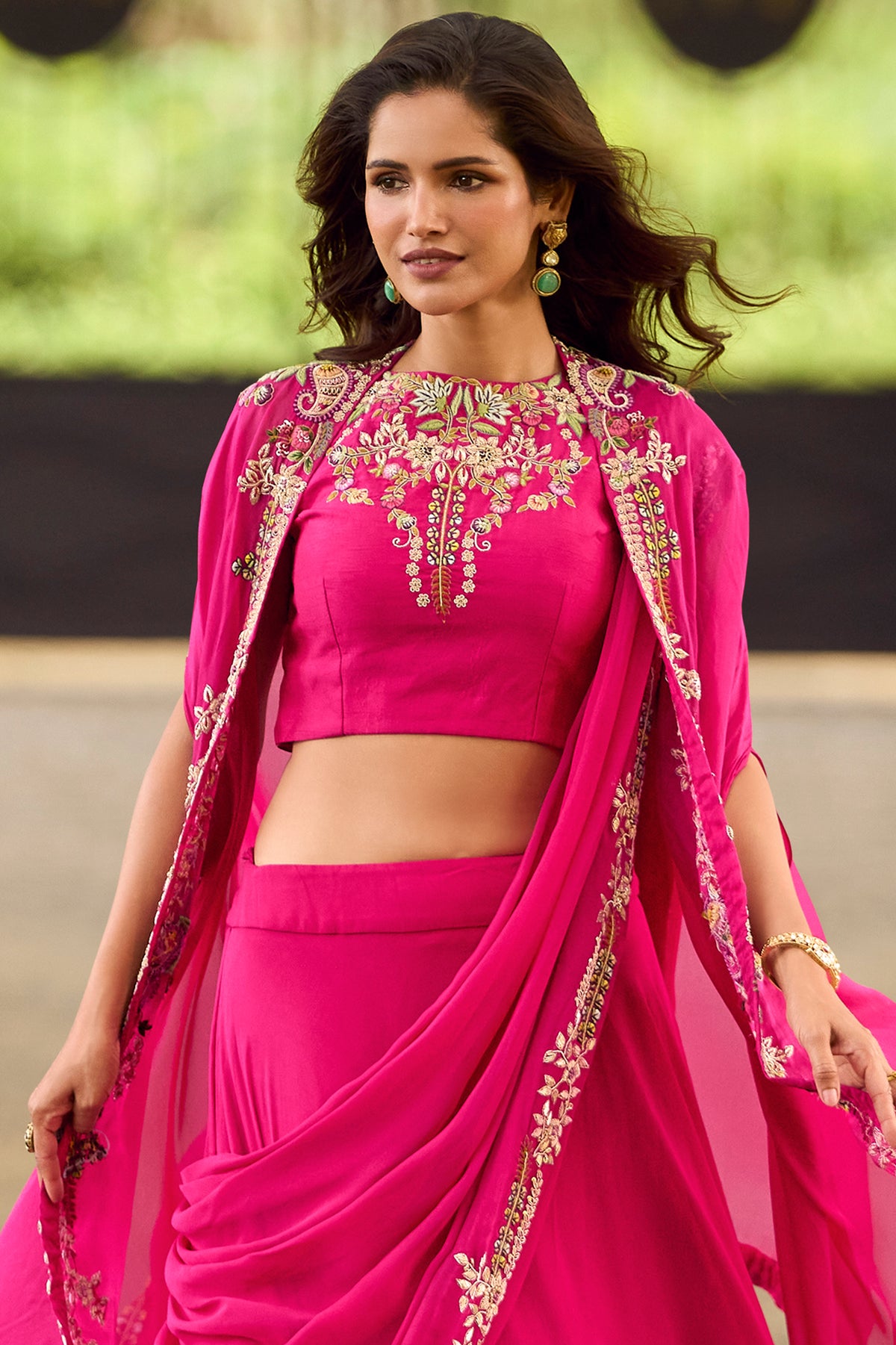 Pink Readymade Embroidered Skirt Set With Shrug-SAR13319_4_SareeButa.com