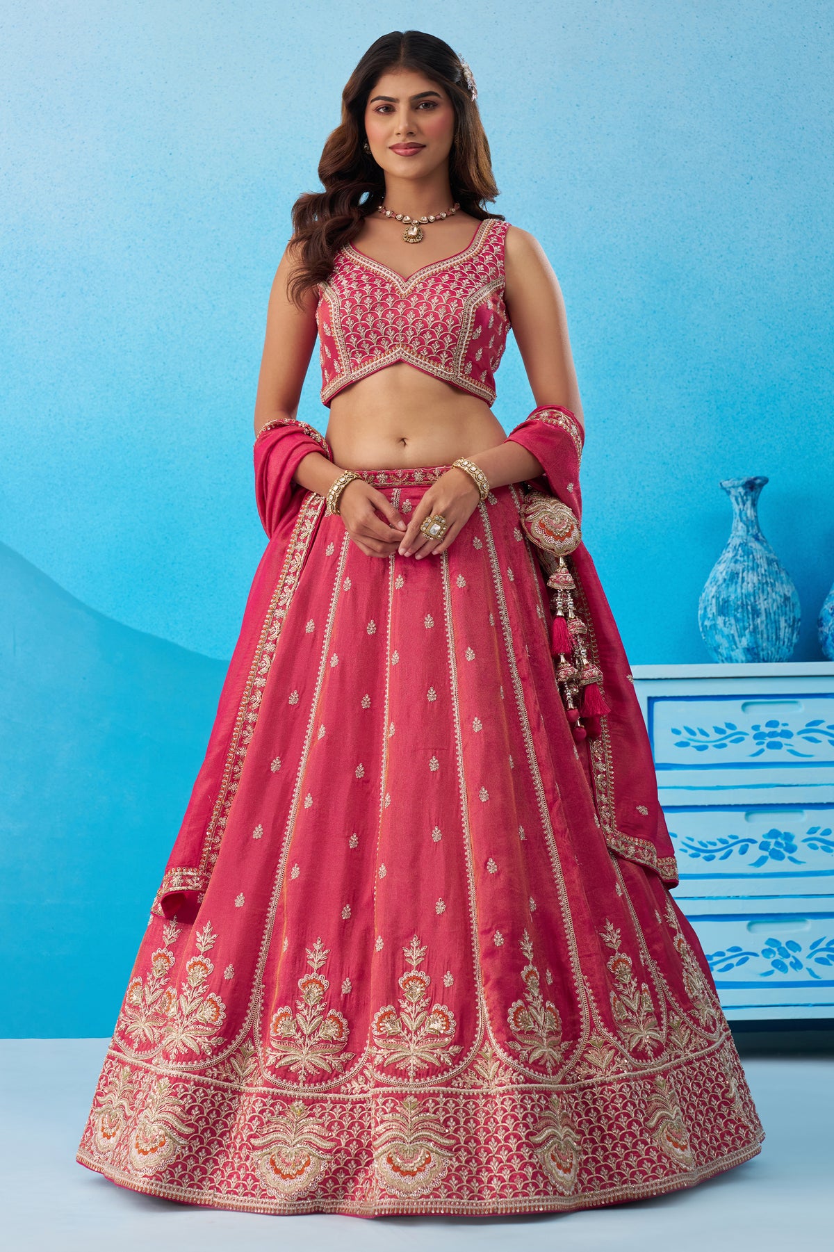 Pink Readymade Embroidered Tissue Lehenga-SAR12901_1_SareeButa.com