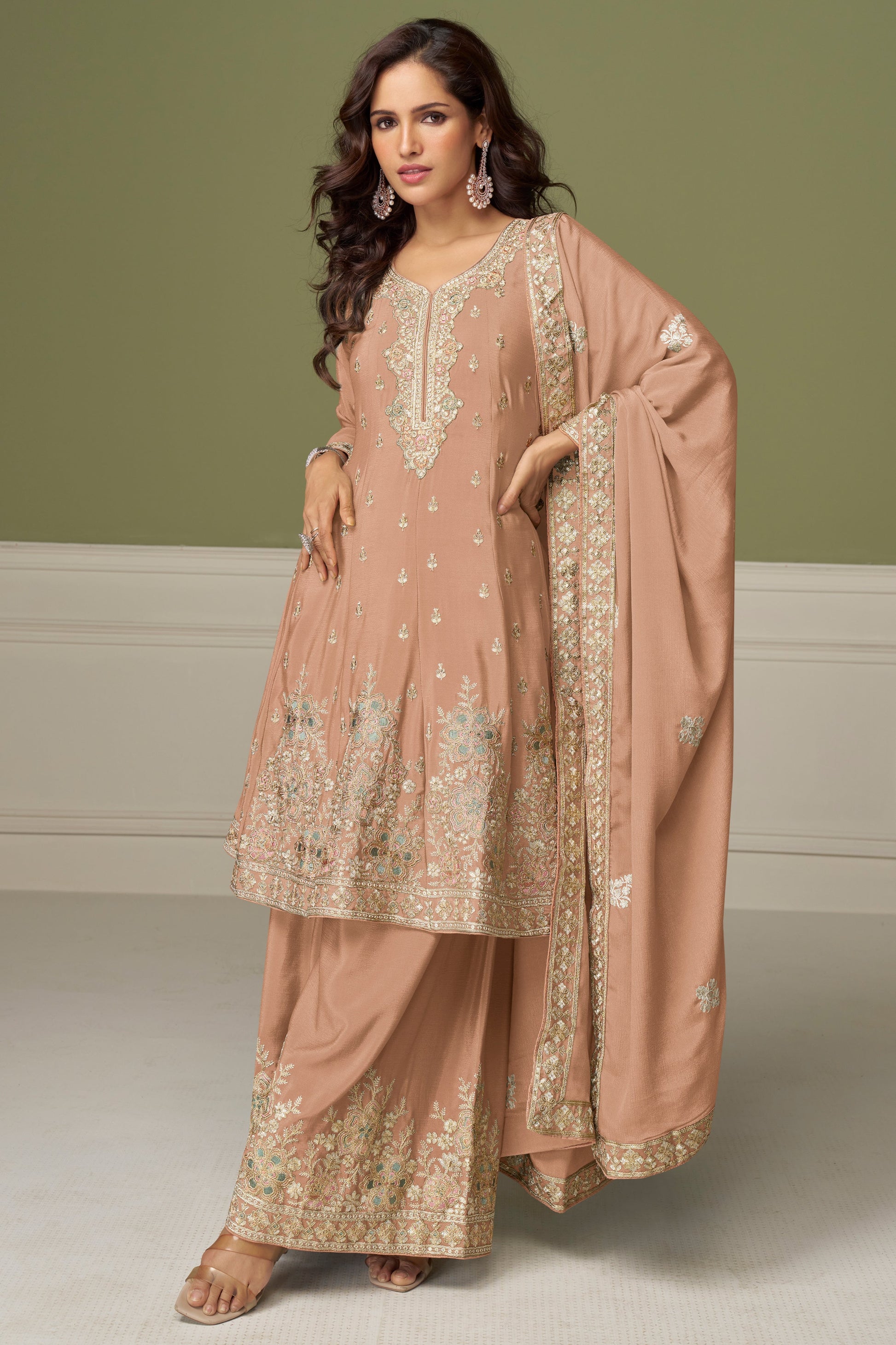 Pink Readymade Heavy Work Chinon A-line Suit-SS885_1_SareeButa.com