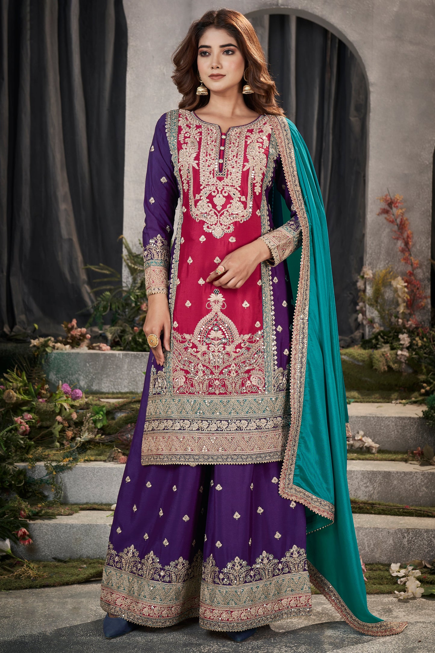 Pink Readymade Heavy Work Chinon Suit-SS082_1_SareeButa.com