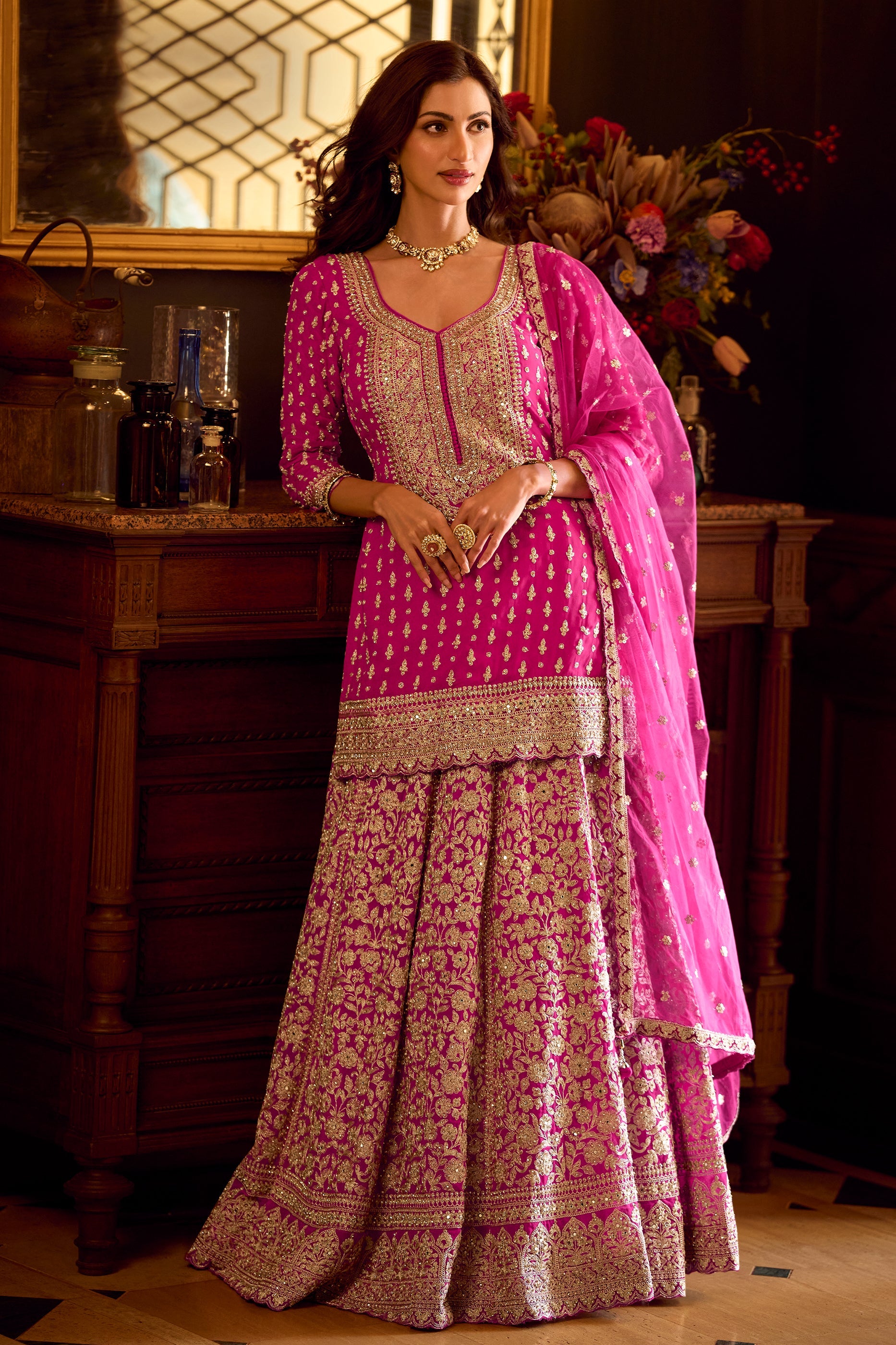 Pink Readymade Heavy Work Georgette Skirt Suit-SAR11554_1_SareeButa.com
