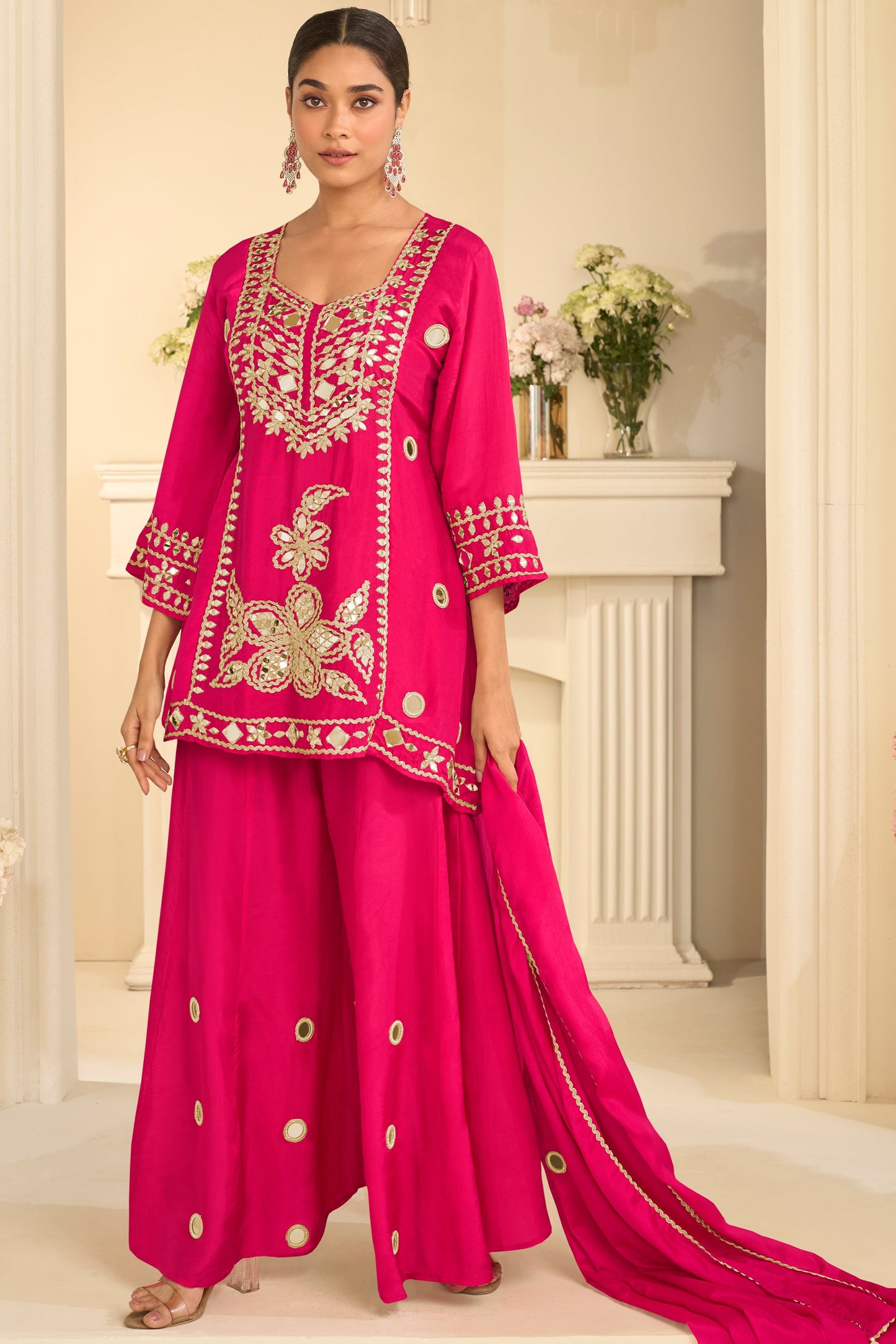 Pink Readymade Mirror Work Chinon A-line Suit-SAR12154_1_SareeButa.com