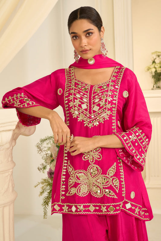 Pink Readymade Mirror Work Chinon A-line Suit-SAR12154_2_SareeButa.com
