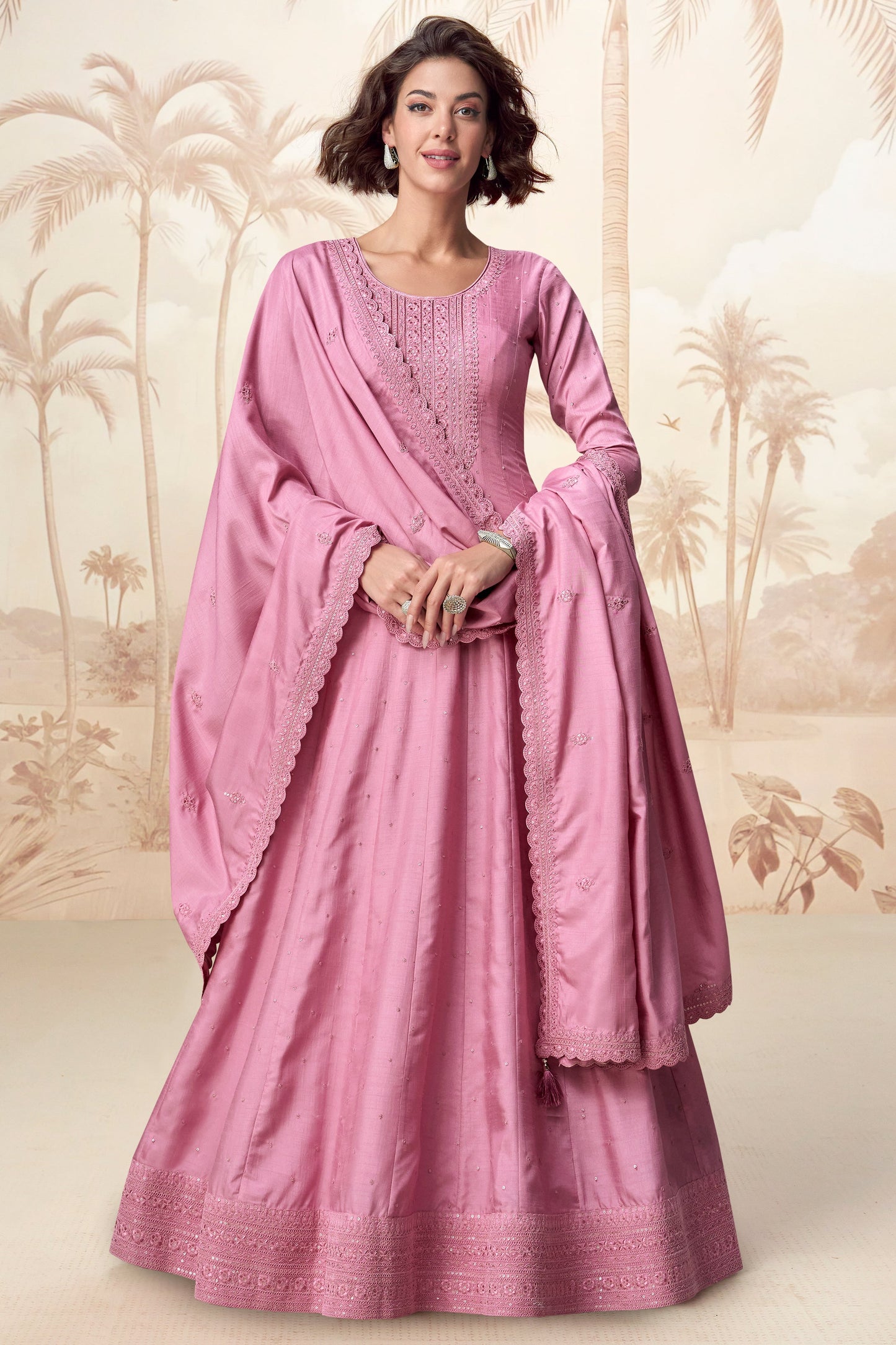 Pink Readymade Silk Gown with Dupatta-SS554_1_SareeButa.com