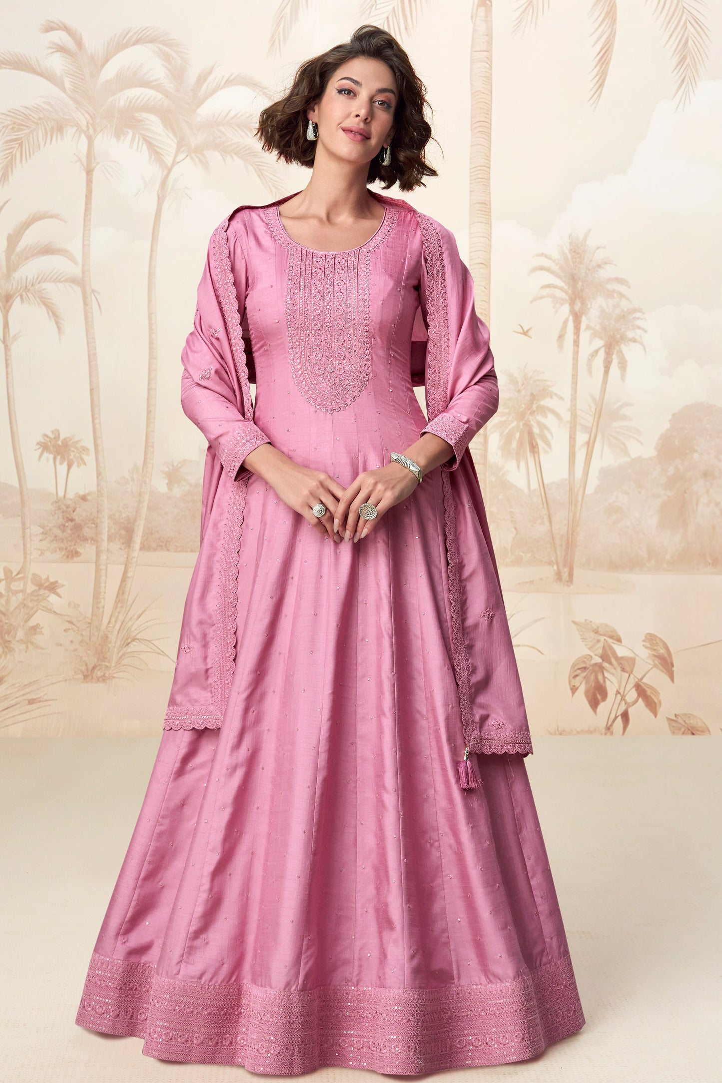 Pink Readymade Silk Gown with Dupatta-SS554_3_SareeButa.com