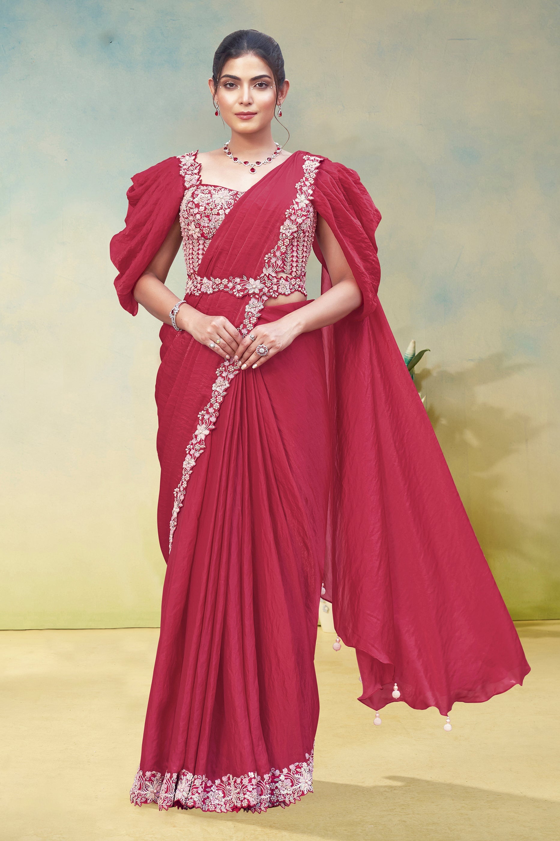 Pink Satin Silk Readymade Saree-SAR11154_1_SareeButa.com