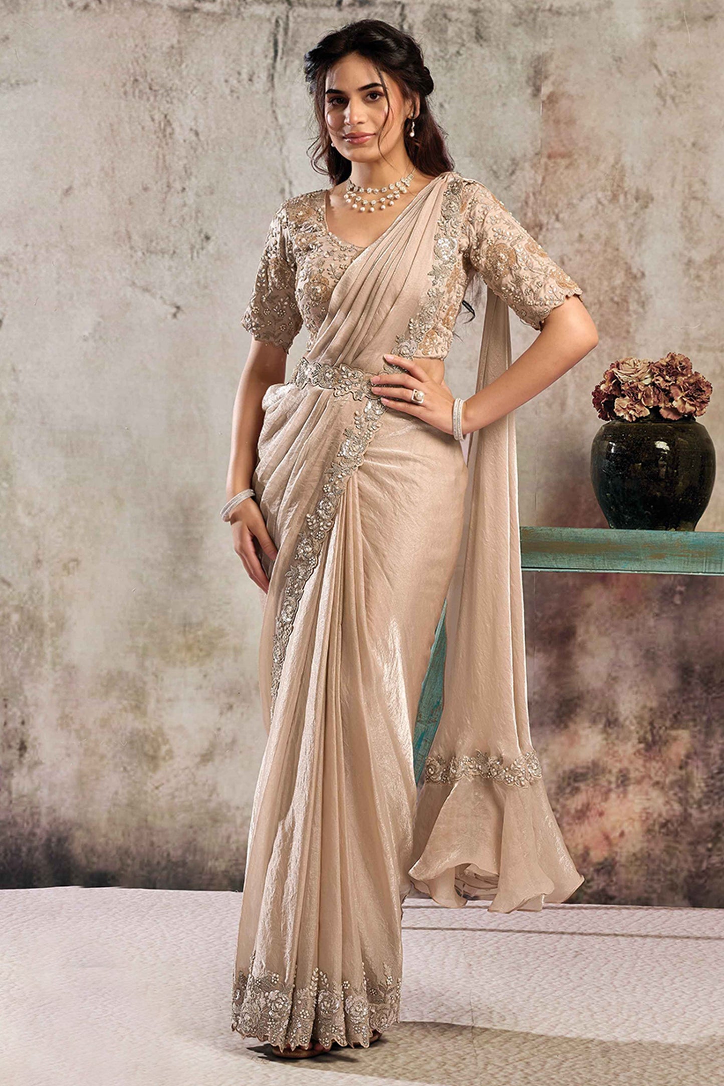 Champagne Satin Silk Readymade Saree with Stitched Blouse-SAR12101_1_SareeButa.com