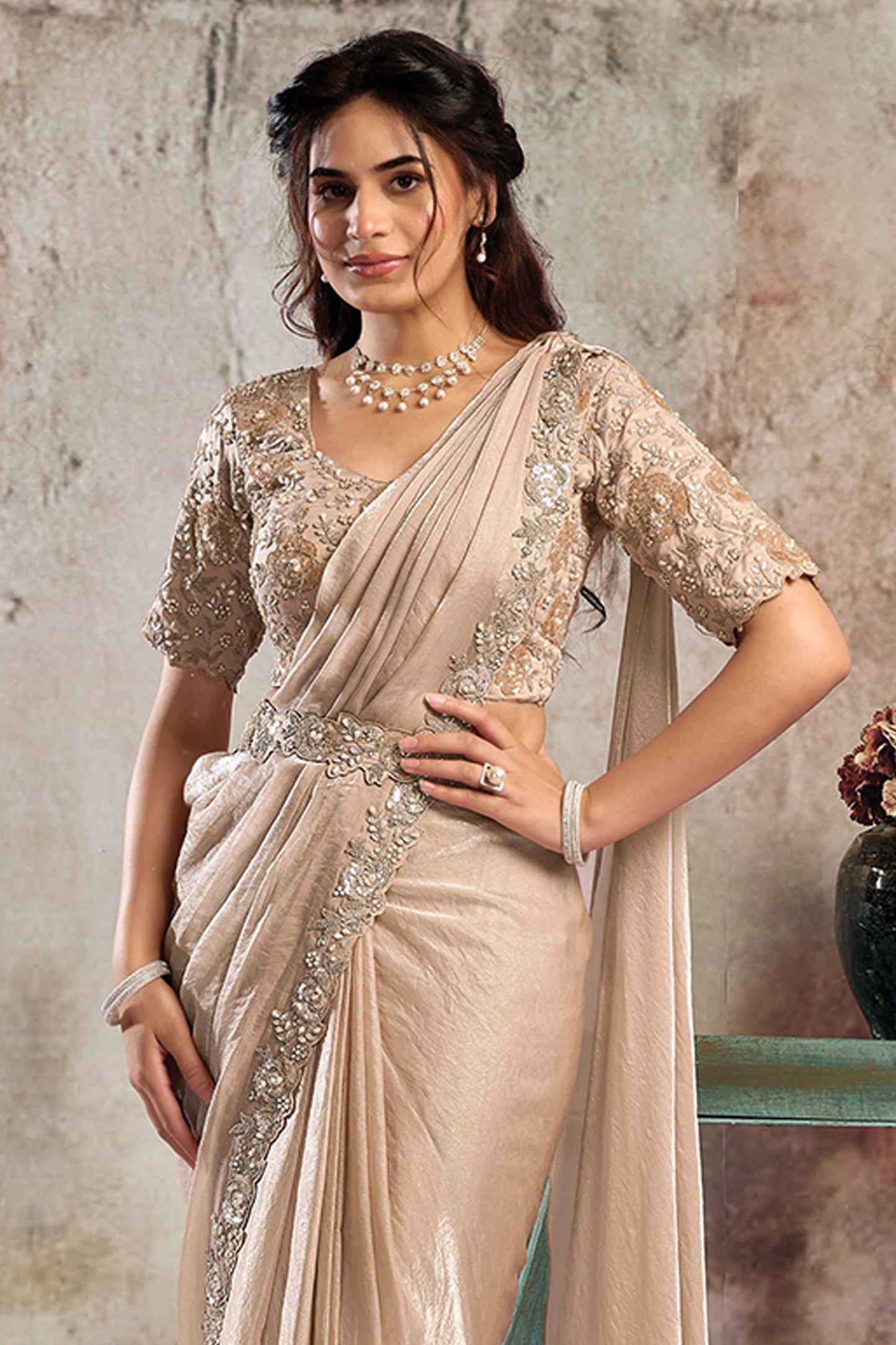 Champagne Satin Silk Readymade Saree with Stitched Blouse-SAR12101_4_SareeButa.com