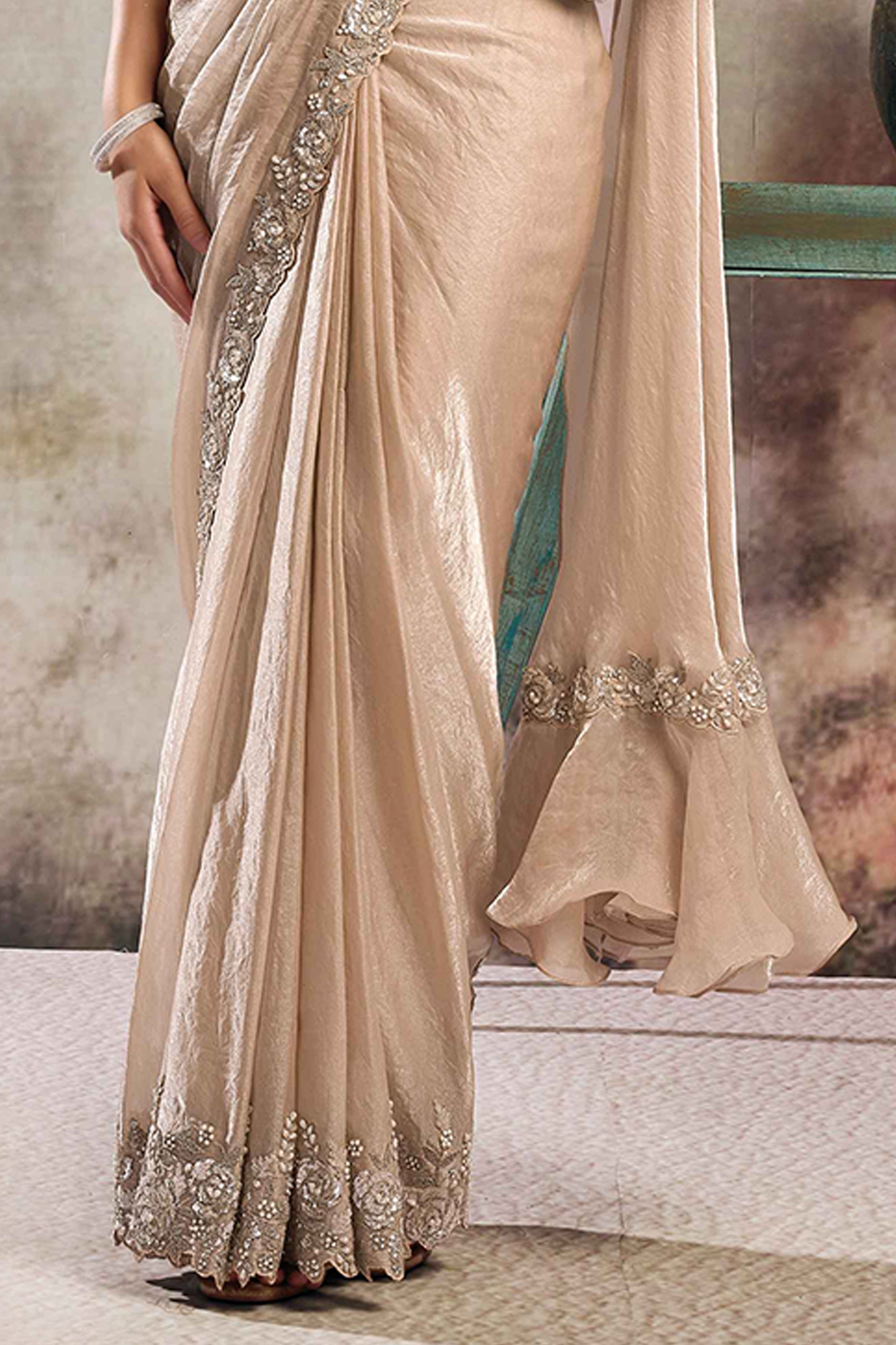 Champagne Satin Silk Readymade Saree with Stitched Blouse-SAR12101_5_SareeButa.com