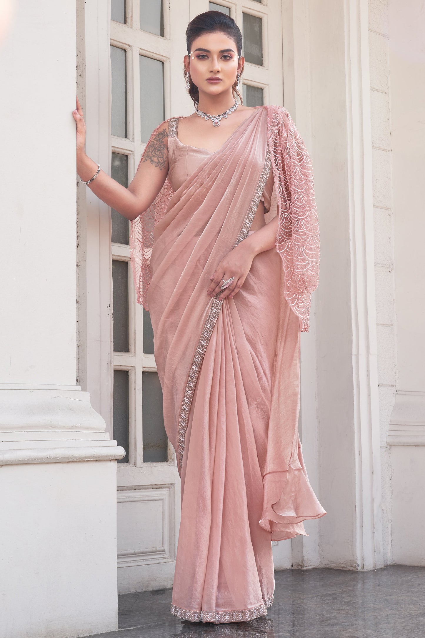 Pink Satin Silk Readymade Saree with Stitched Blouse-ZB133991_4_SareeButa.com