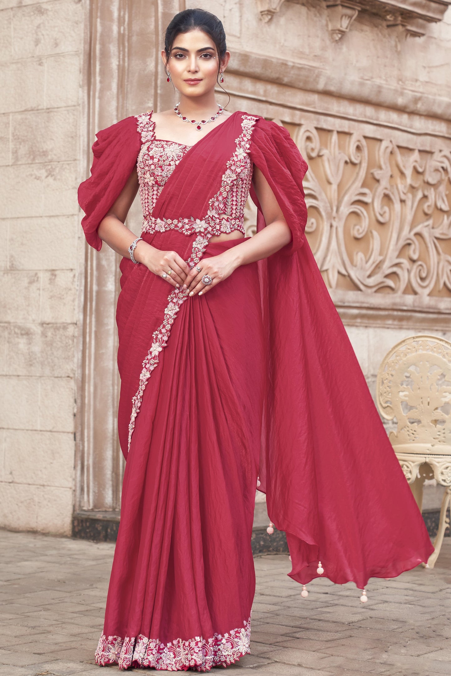 Pink Satin Silk Readymade Saree with Stitched Blouse-ZB134304_1_SareeButa.com