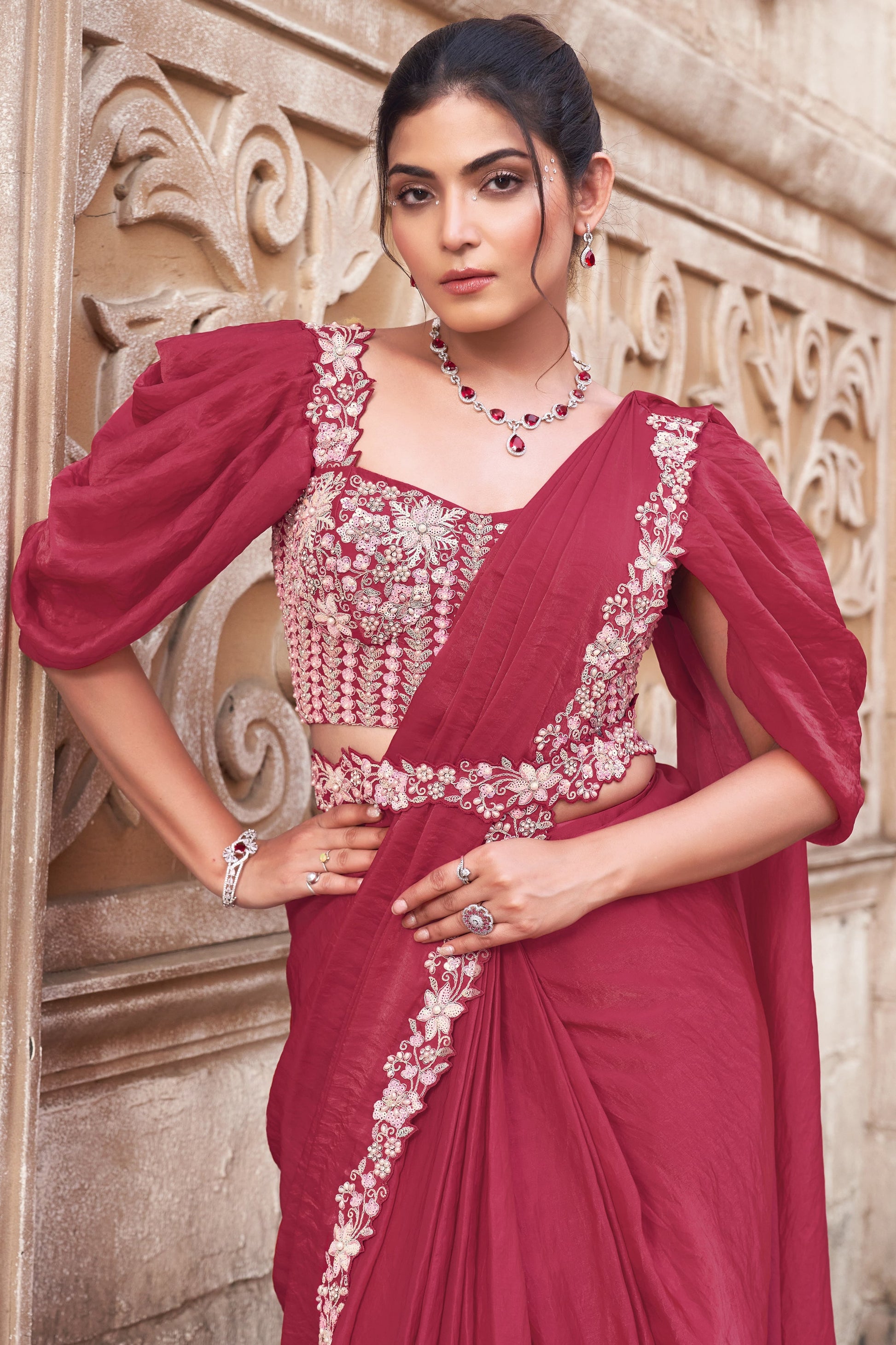 Pink Satin Silk Readymade Saree with Stitched Blouse-ZB134304_2_SareeButa.com