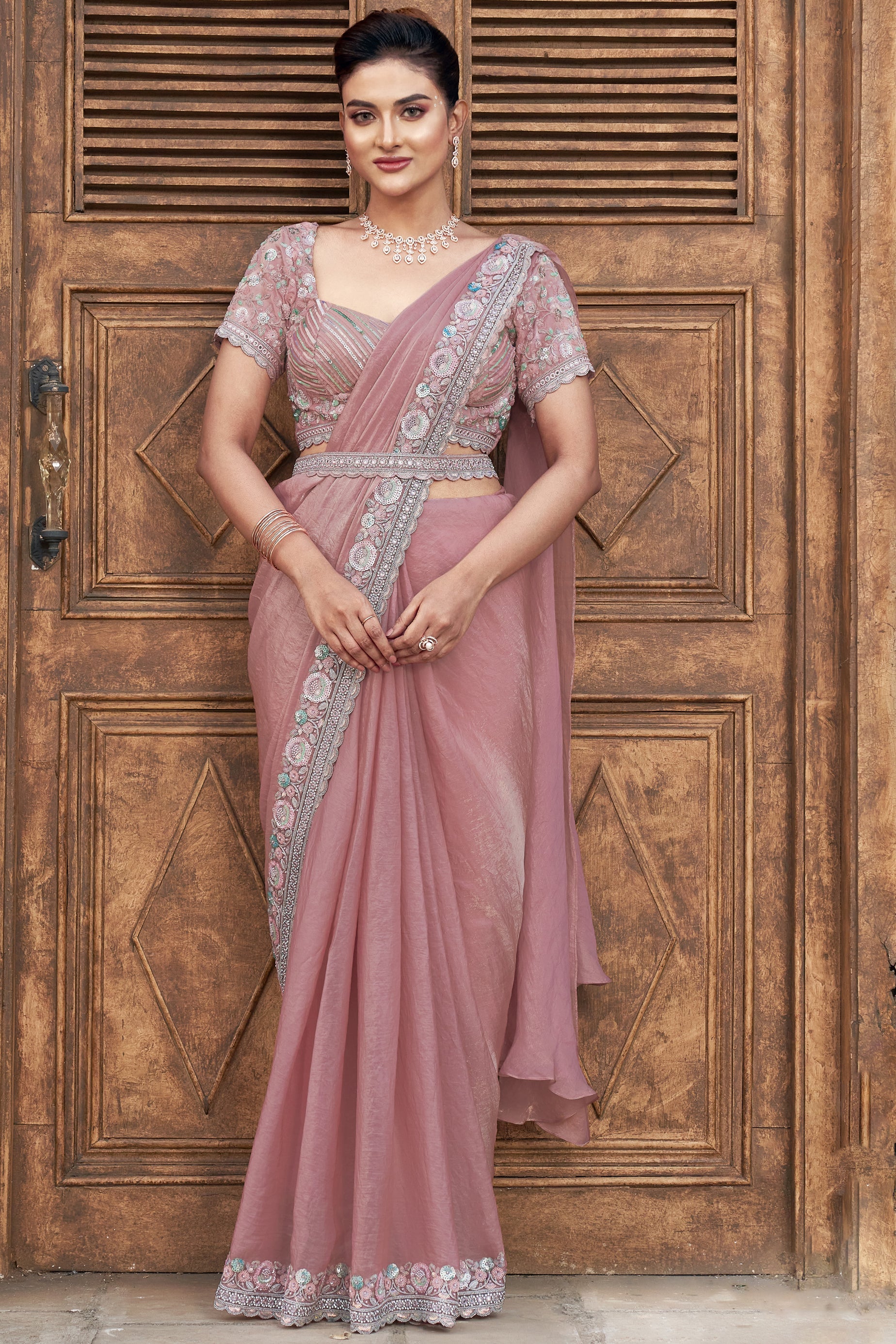 Women's Satin Silk Pink Woven Design Designer Saree With Blouse Piece