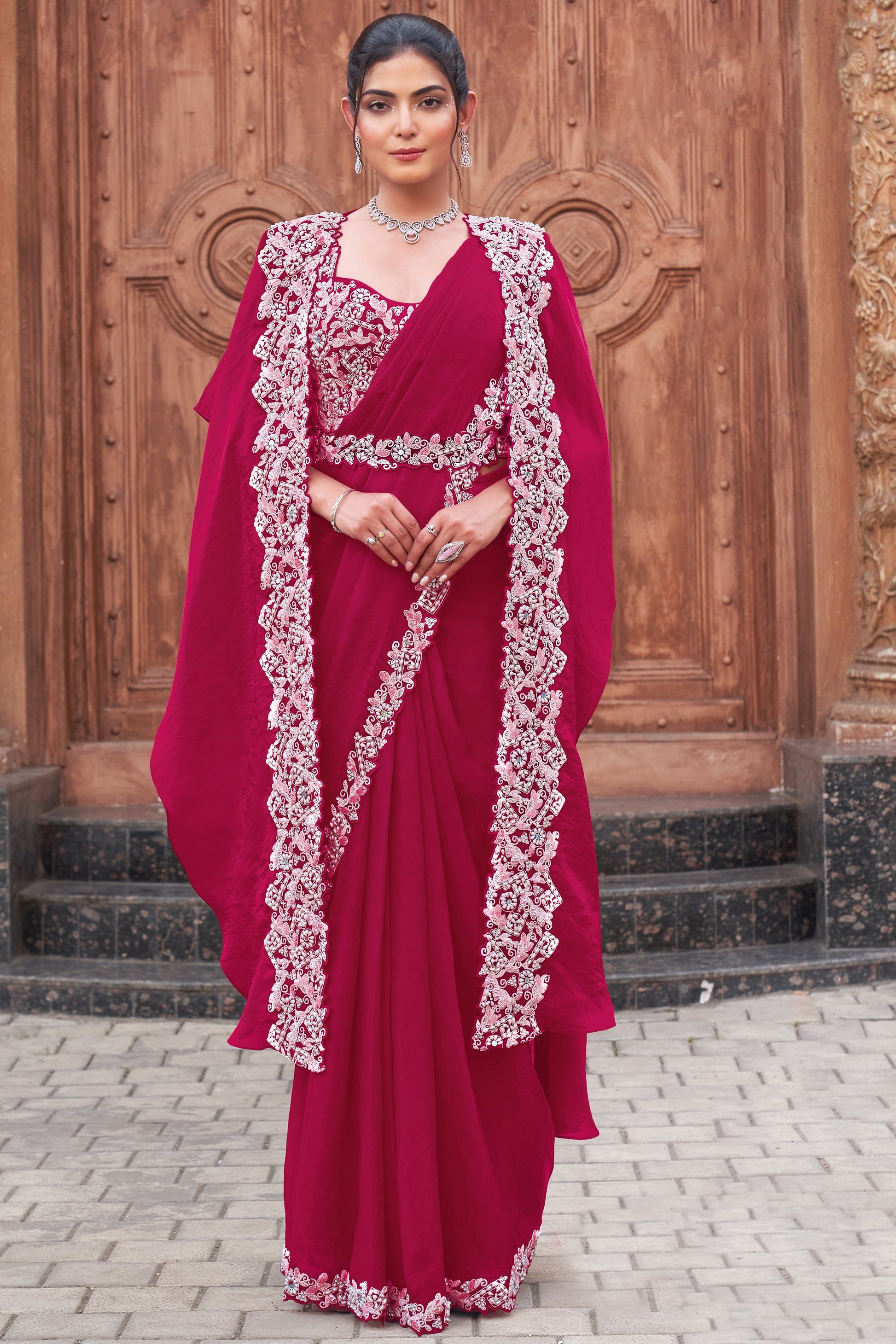 Pink Satin Silk Readymade Saree with Stitched Blouse-ZB134332_1_SareeButa.com