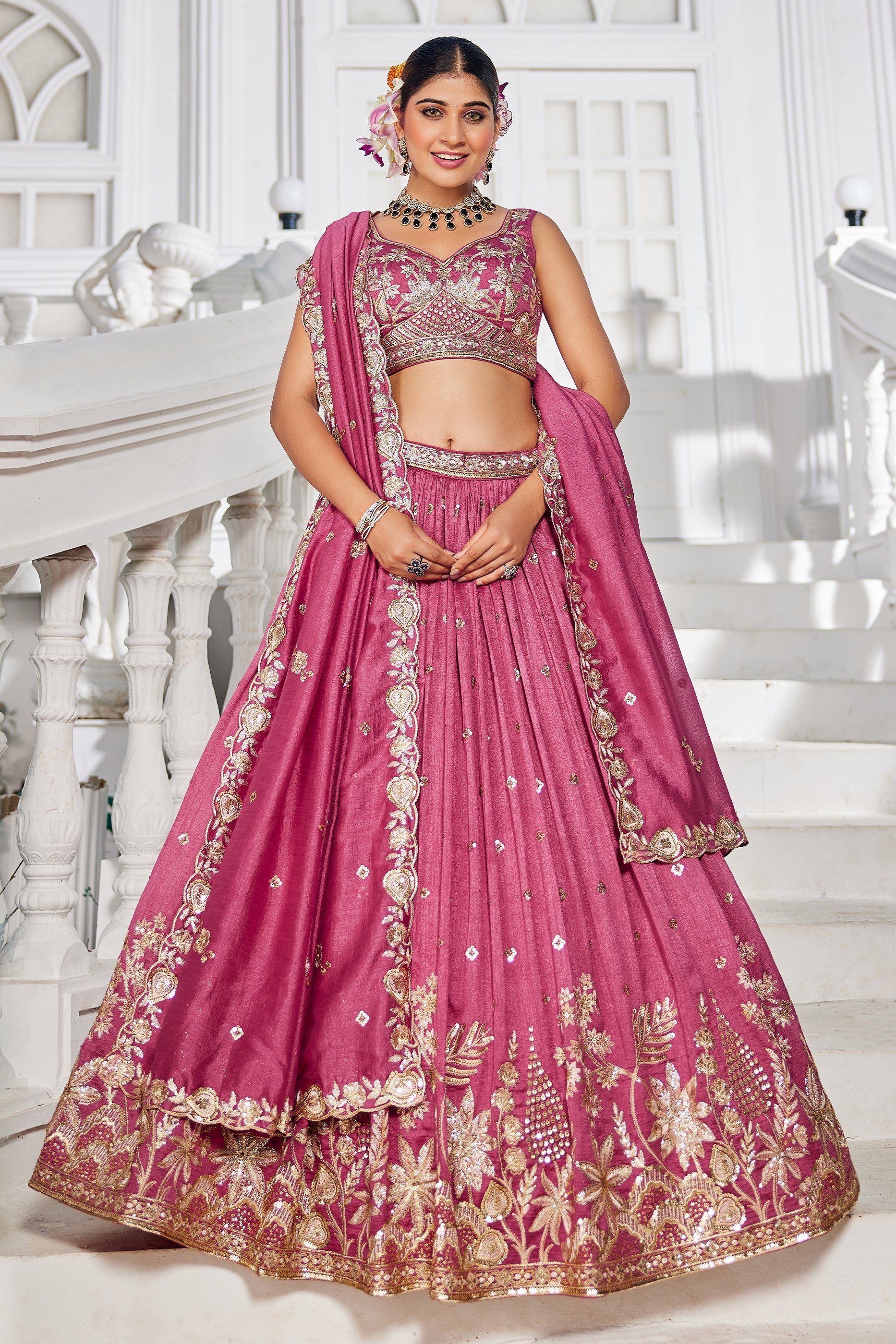 Pink Readymade Embroidered Georgette Lehenga-SAR10076_1_SareeButa.com