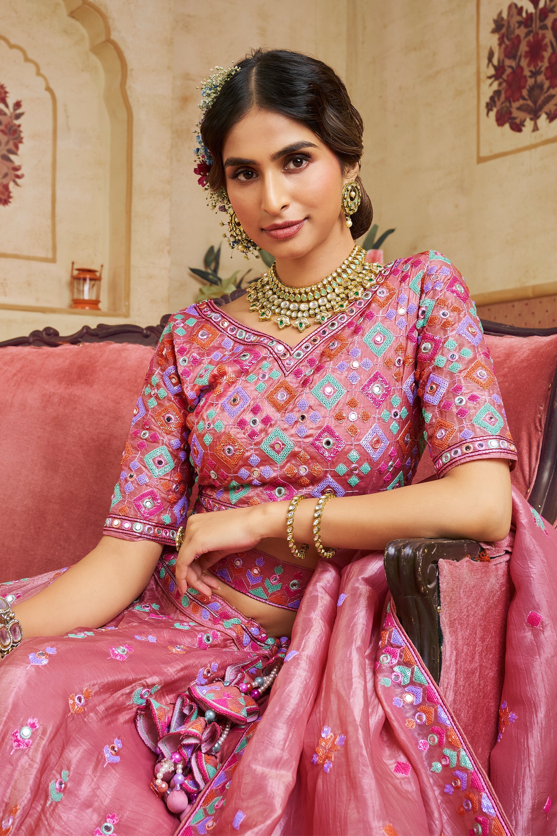 Pink Readymade Embroidered Organza Lehenga-SAR10039_2_SareeButa.com