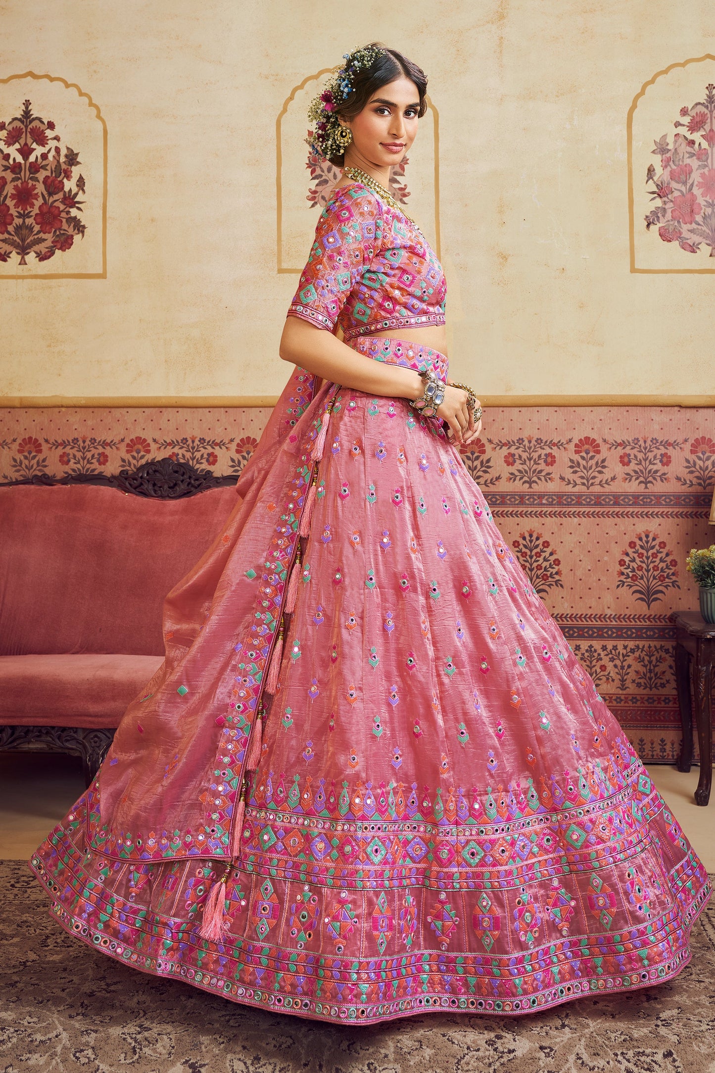 Pink Readymade Embroidered Organza Lehenga-SAR10039_3_SareeButa.com