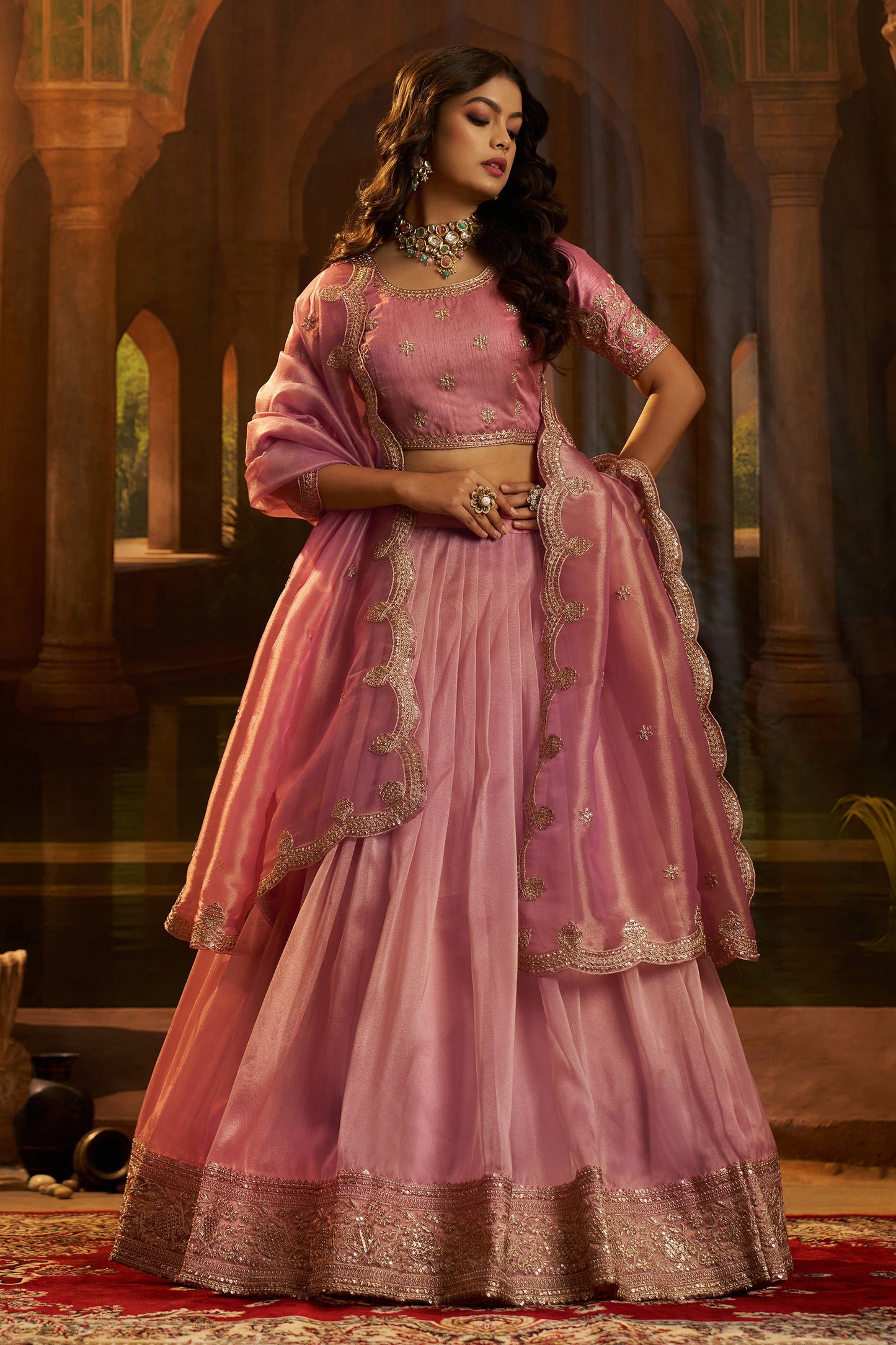 Pink Semi-Stitched Embroidered Organza Lehenga-SAR11500_1_SareeButa.com
