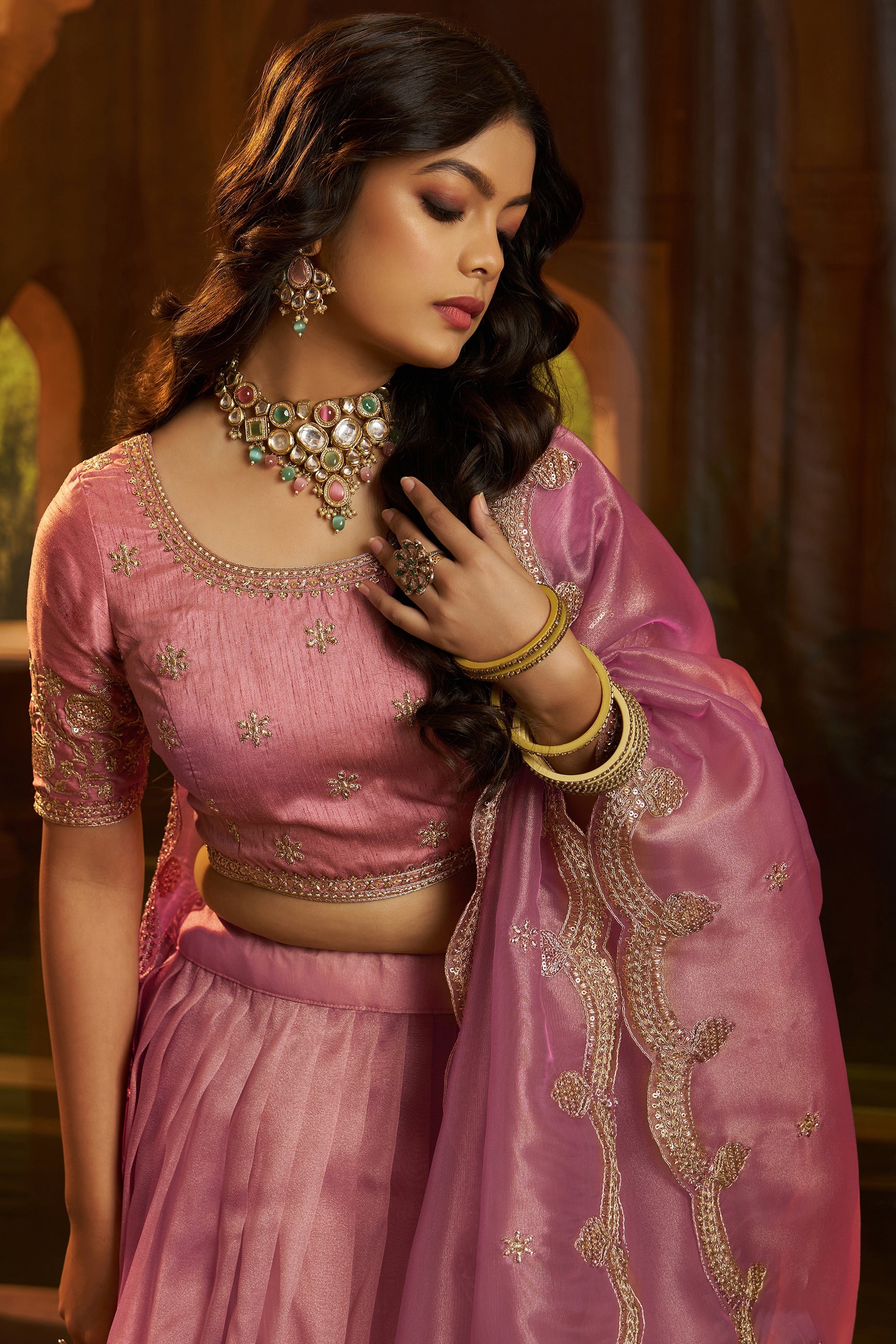 Pink Semi-Stitched Embroidered Organza Lehenga-SAR11500_3_SareeButa.com