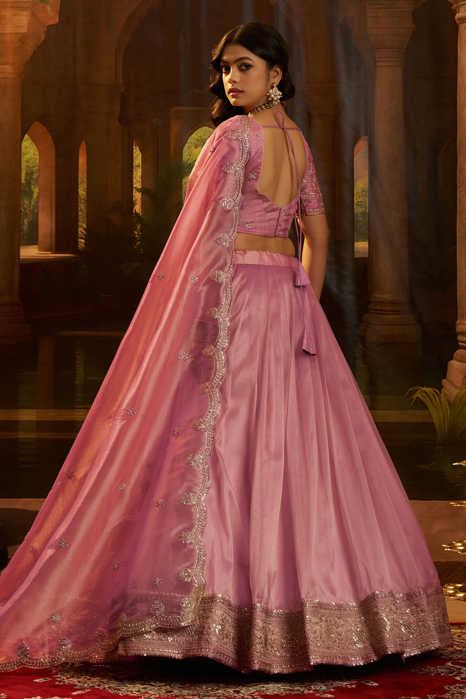 Pink Semi-Stitched Embroidered Organza Lehenga-SAR11500_4_SareeButa.com