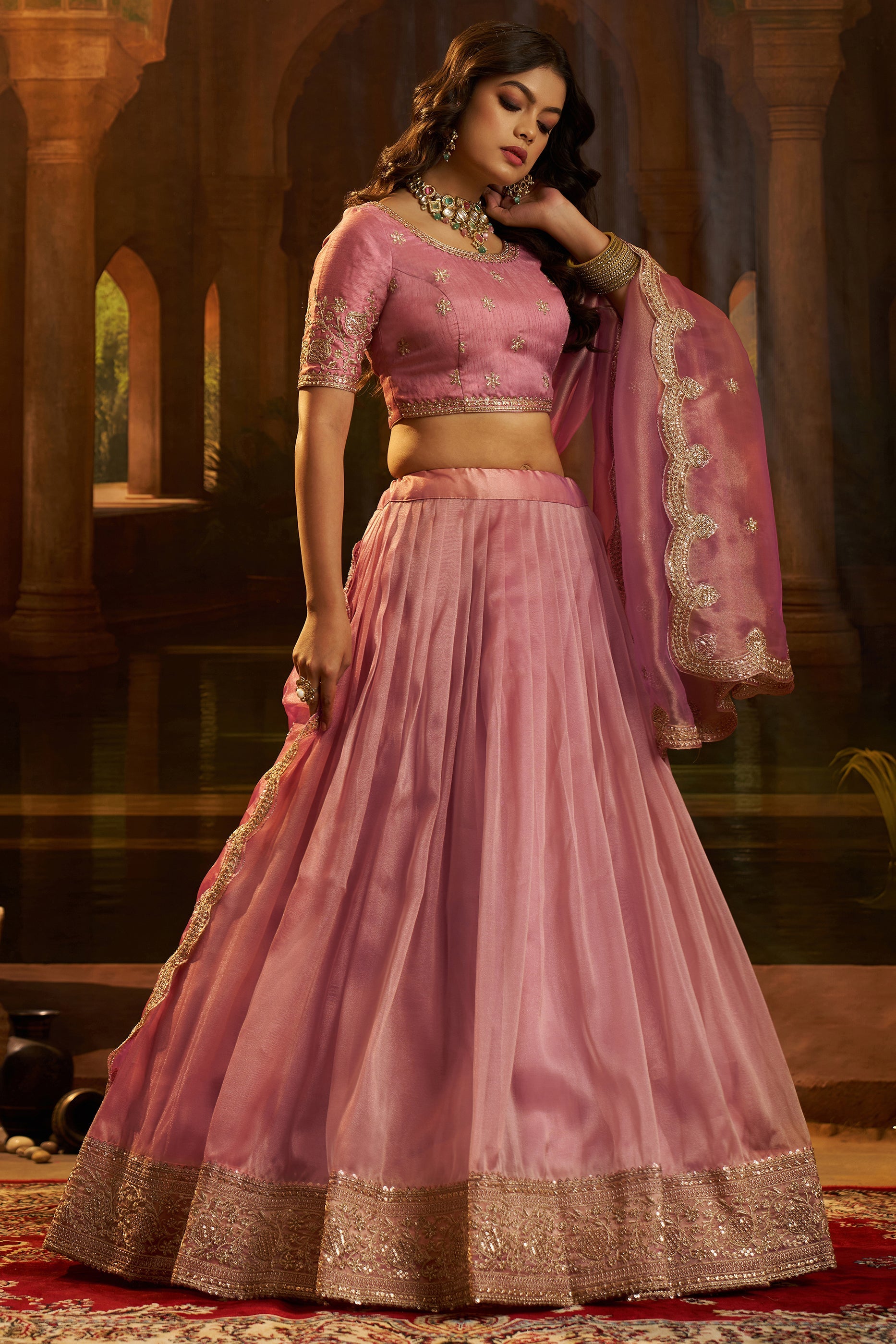 Pink Semi-Stitched Embroidered Organza Lehenga-SAR11500_5_SareeButa.com