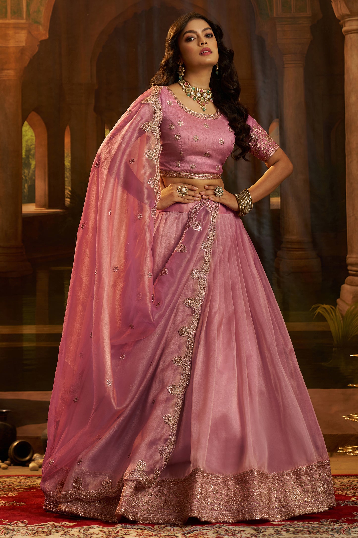 Pink Semi-Stitched Embroidered Organza Lehenga