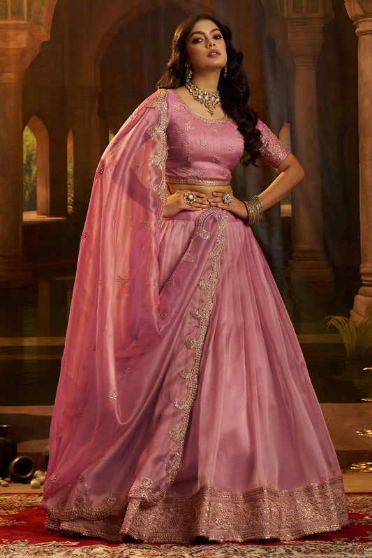 Pink Semi-Stitched Embroidered Organza Lehenga