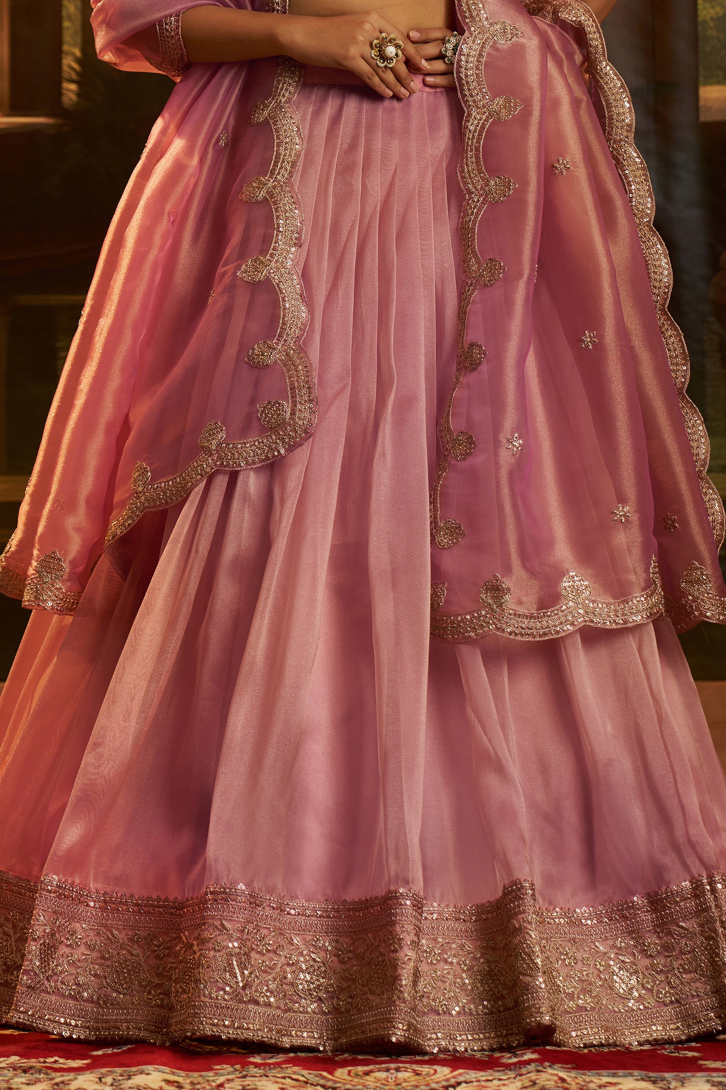 Pink Semi-Stitched Embroidered Organza Lehenga