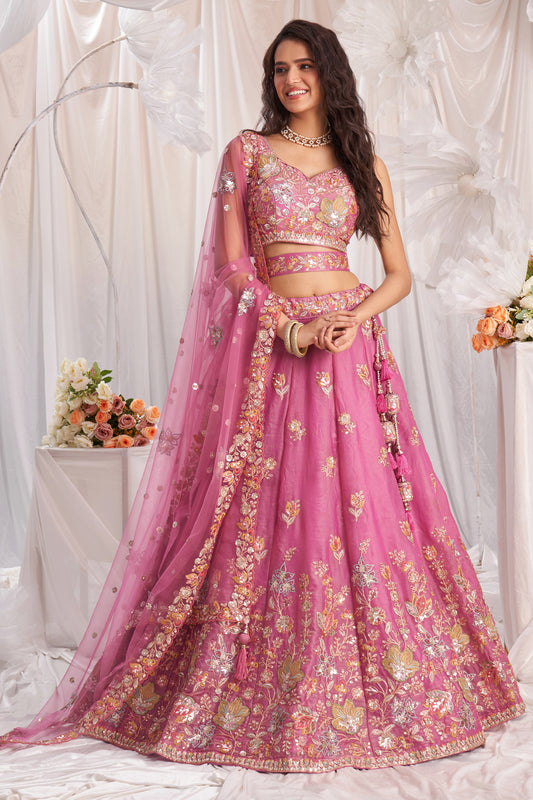 Pink Semi-Stitched Embroidered Organza Lehenga-SAR12837_1_SareeButa.com