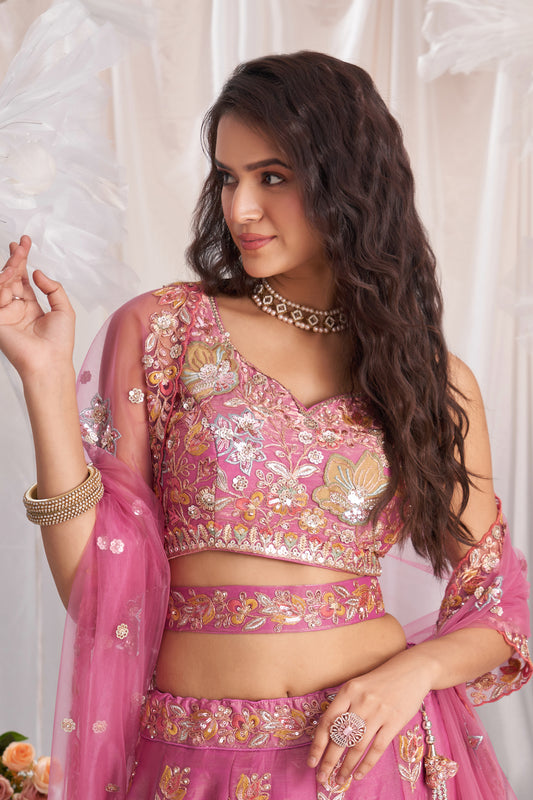 Pink Semi-Stitched Embroidered Organza Lehenga-SAR12837_2_SareeButa.com