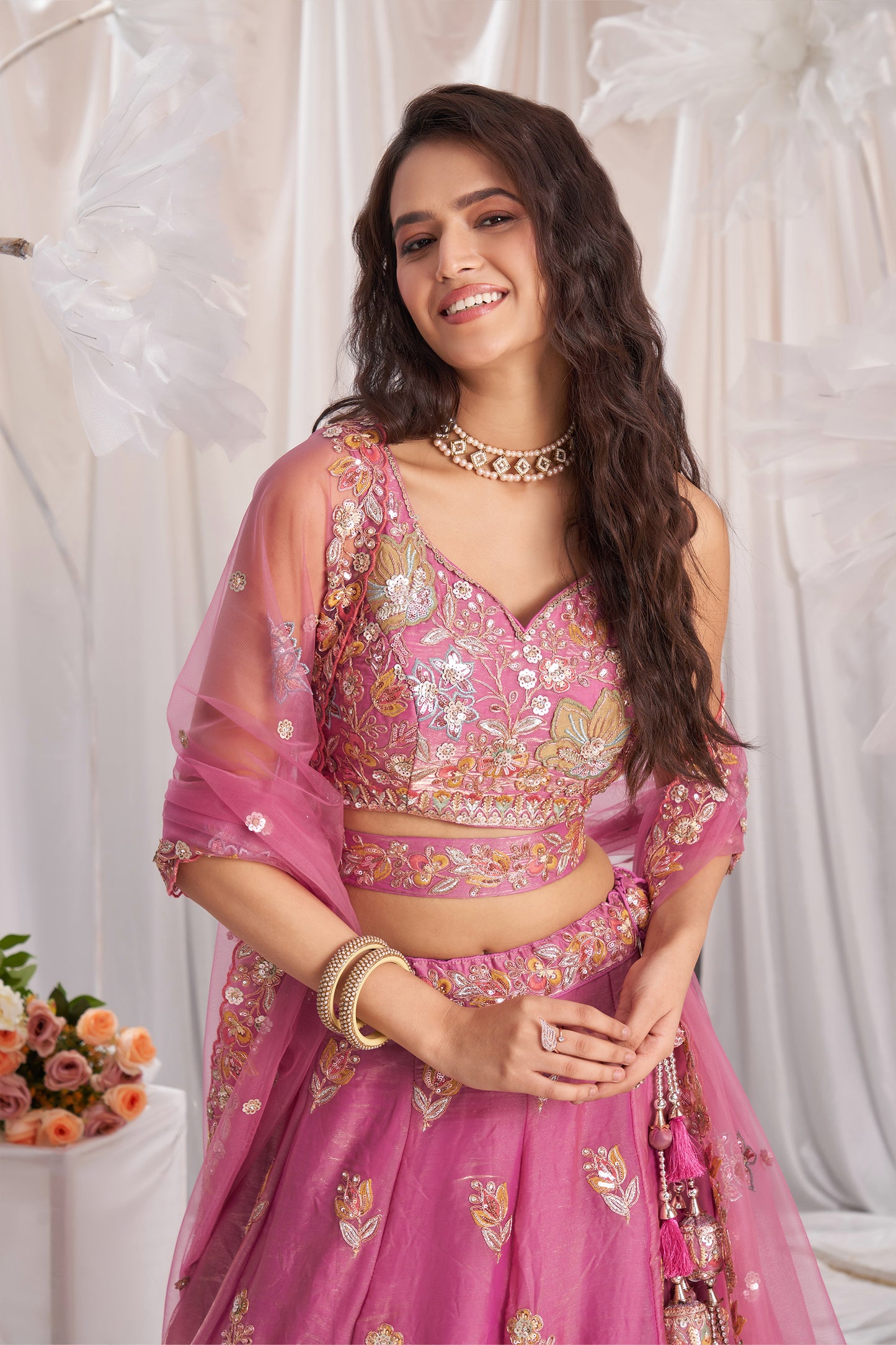 Pink Semi-Stitched Embroidered Organza Lehenga-SAR12837_3_SareeButa.com