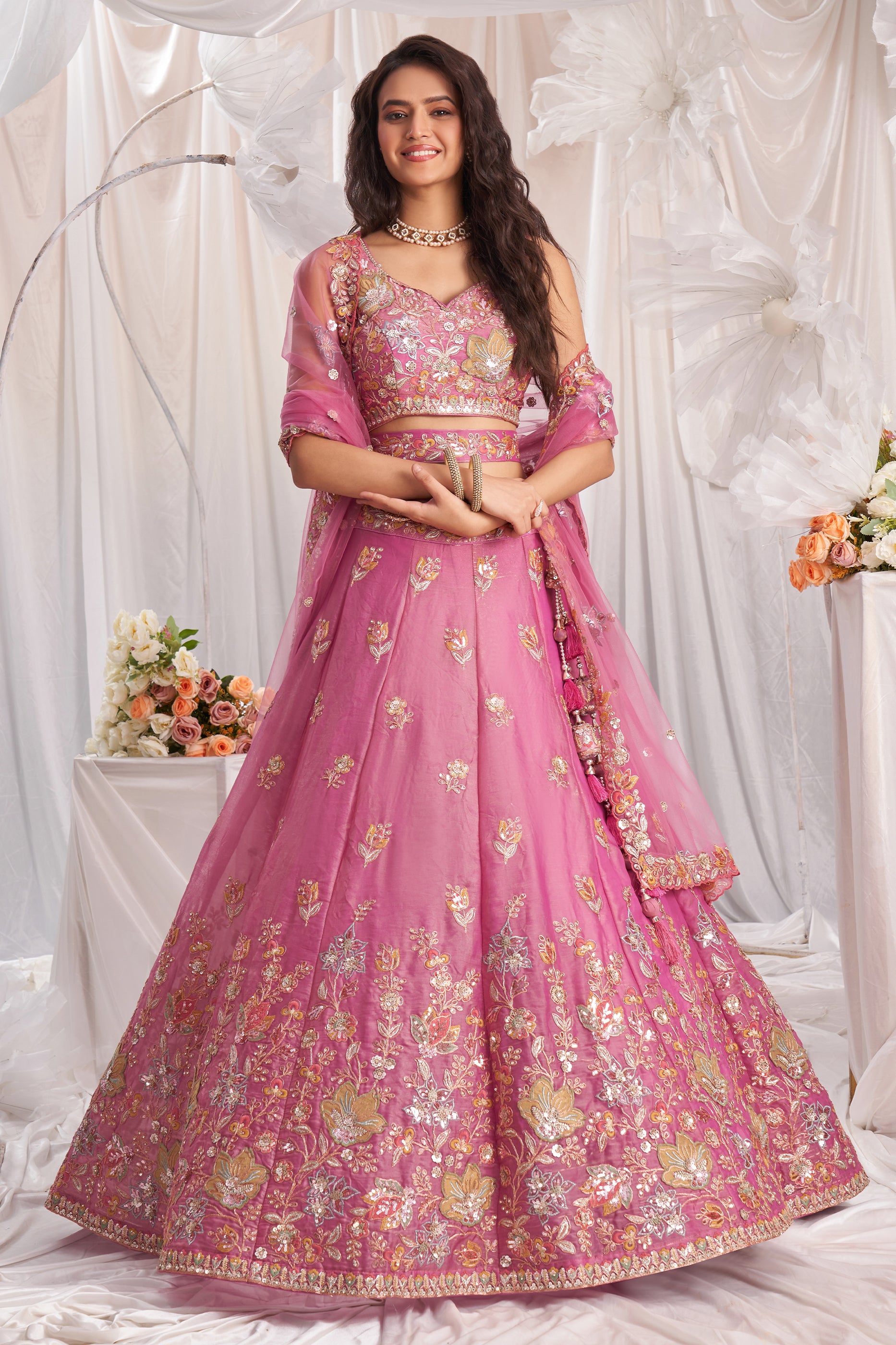 Pink Semi-Stitched Embroidered Organza Lehenga-SAR12837_4_SareeButa.com