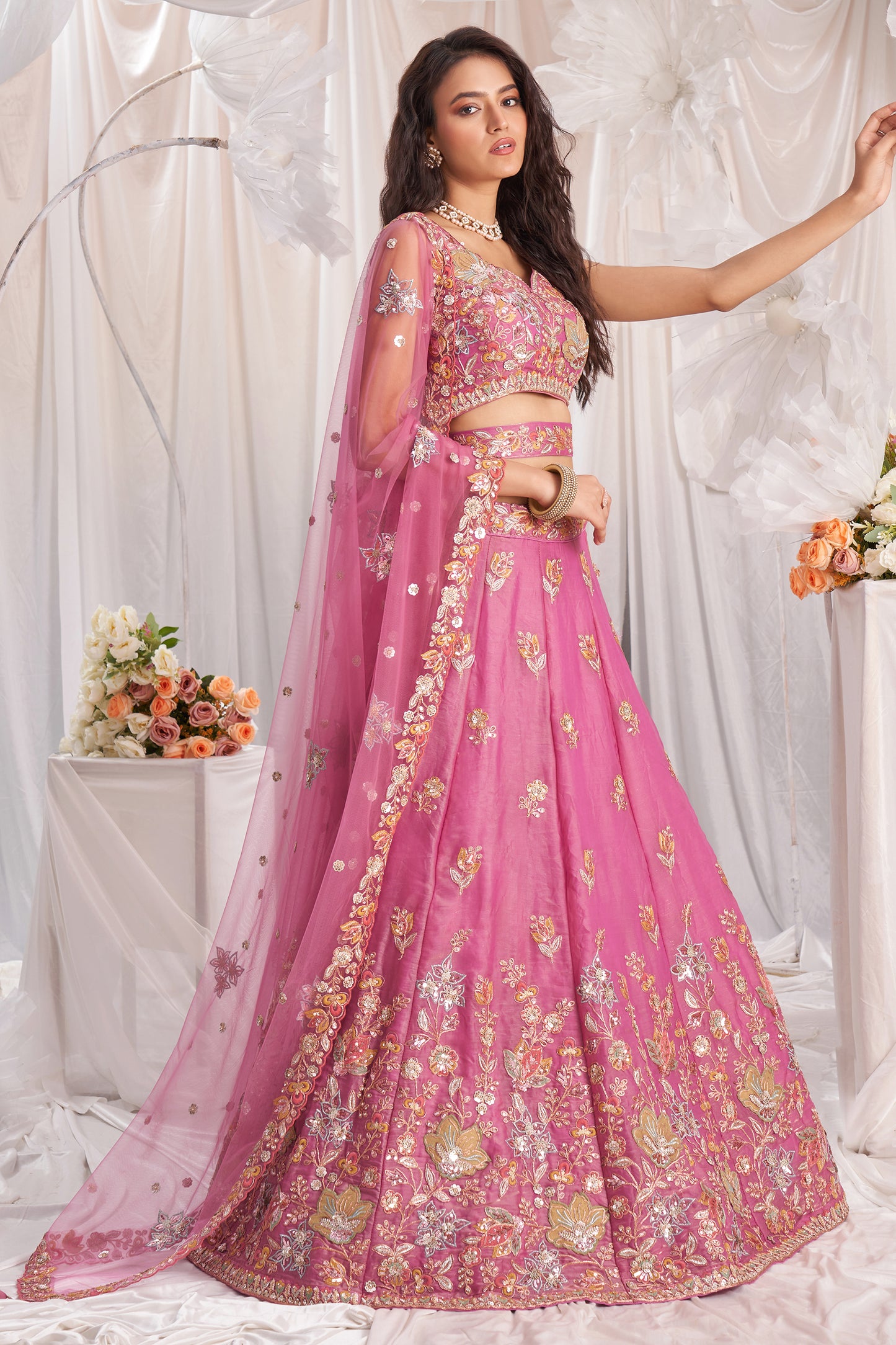 Pink Semi-Stitched Embroidered Organza Lehenga-SAR12837_5_SareeButa.com