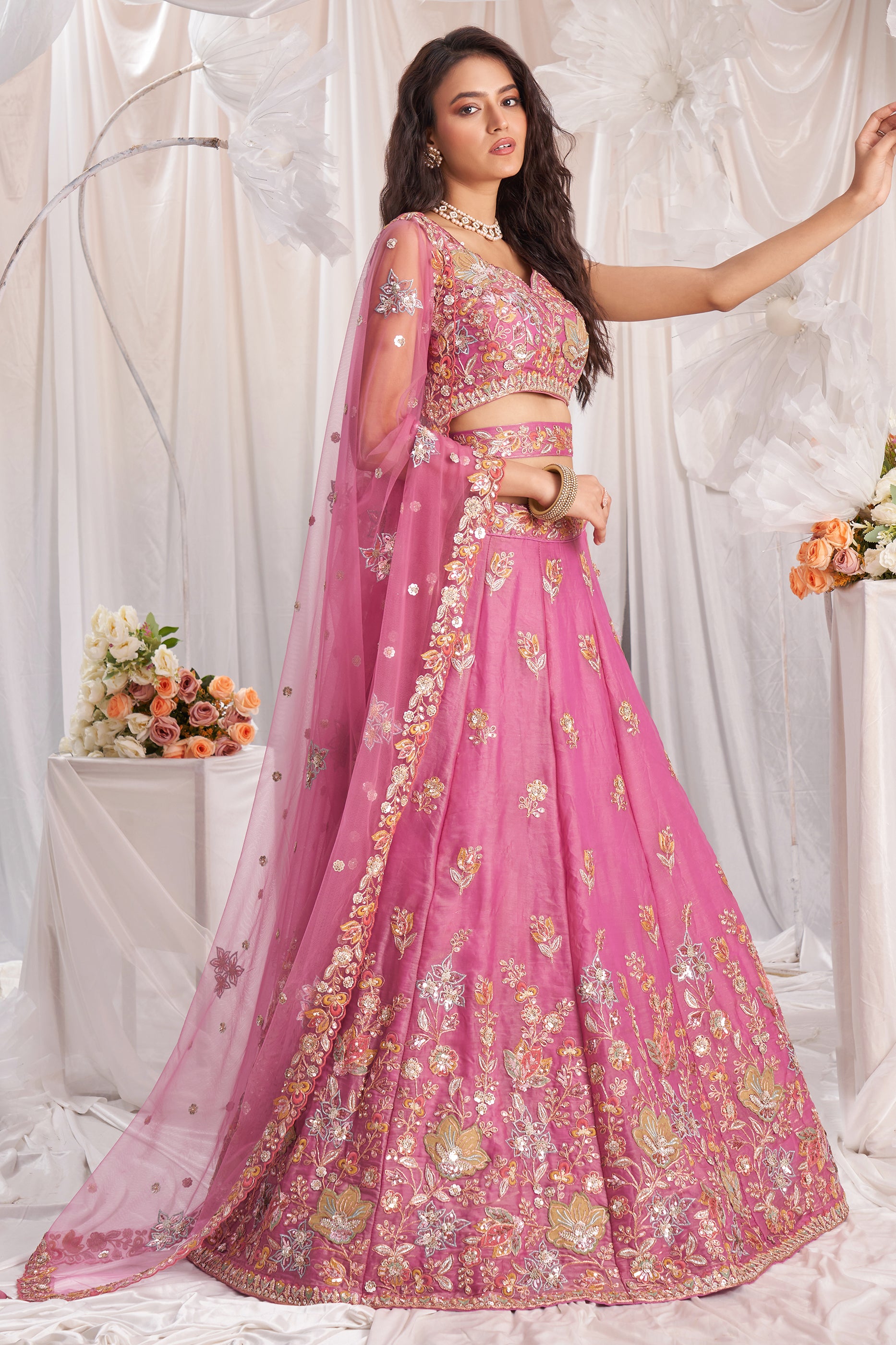 Pink Semi-Stitched Embroidered Organza Lehenga-SAR12837_5_SareeButa.com