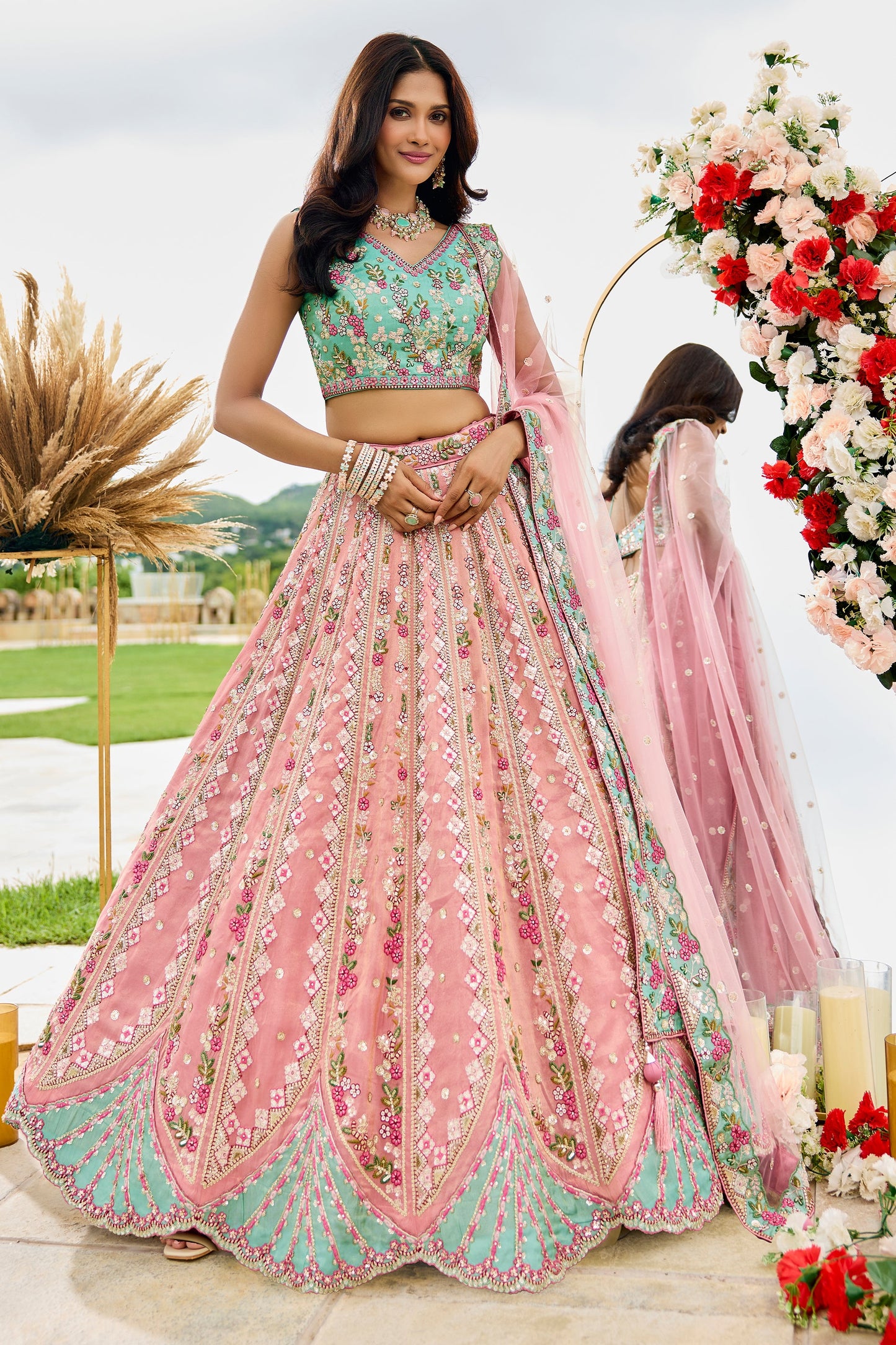 Pink Semi-Stitched Embroidered Tissue Lehenga-SAR10682_1_SareeButa.com