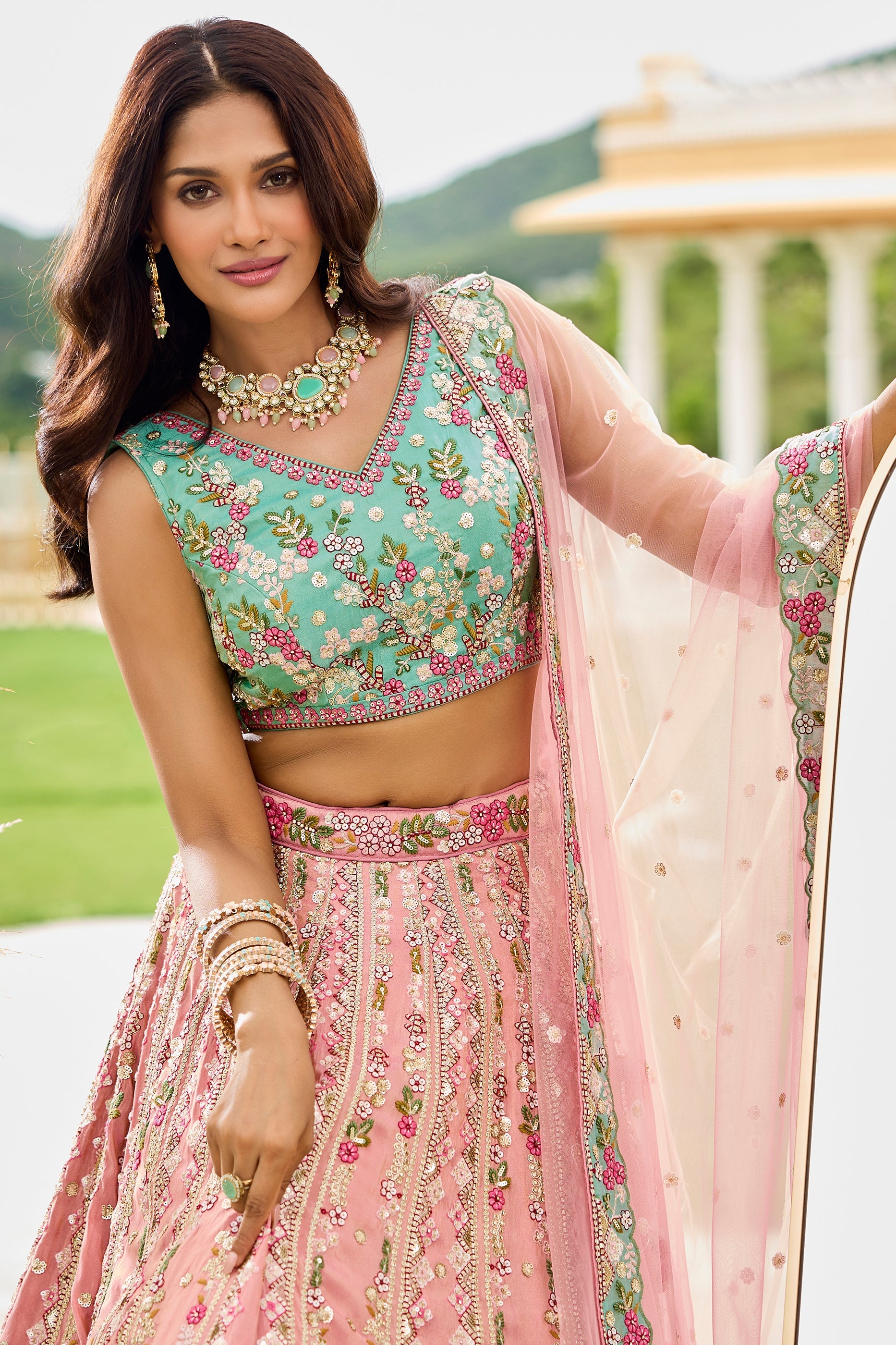 Pink Semi-Stitched Embroidered Tissue Lehenga-SAR10682_3_SareeButa.com
