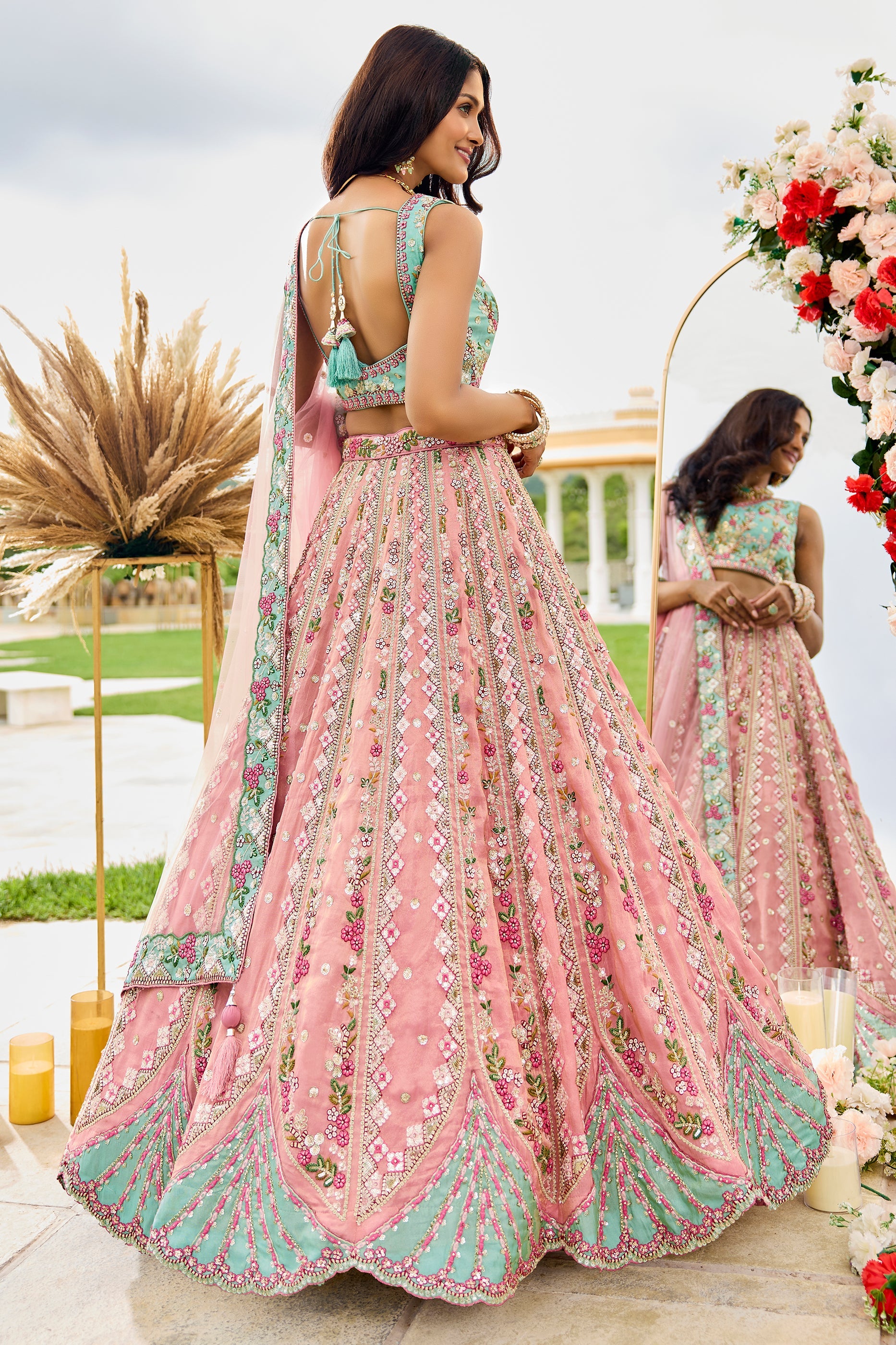 Pink Semi-Stitched Embroidered Tissue Lehenga-SAR10682_4_SareeButa.com