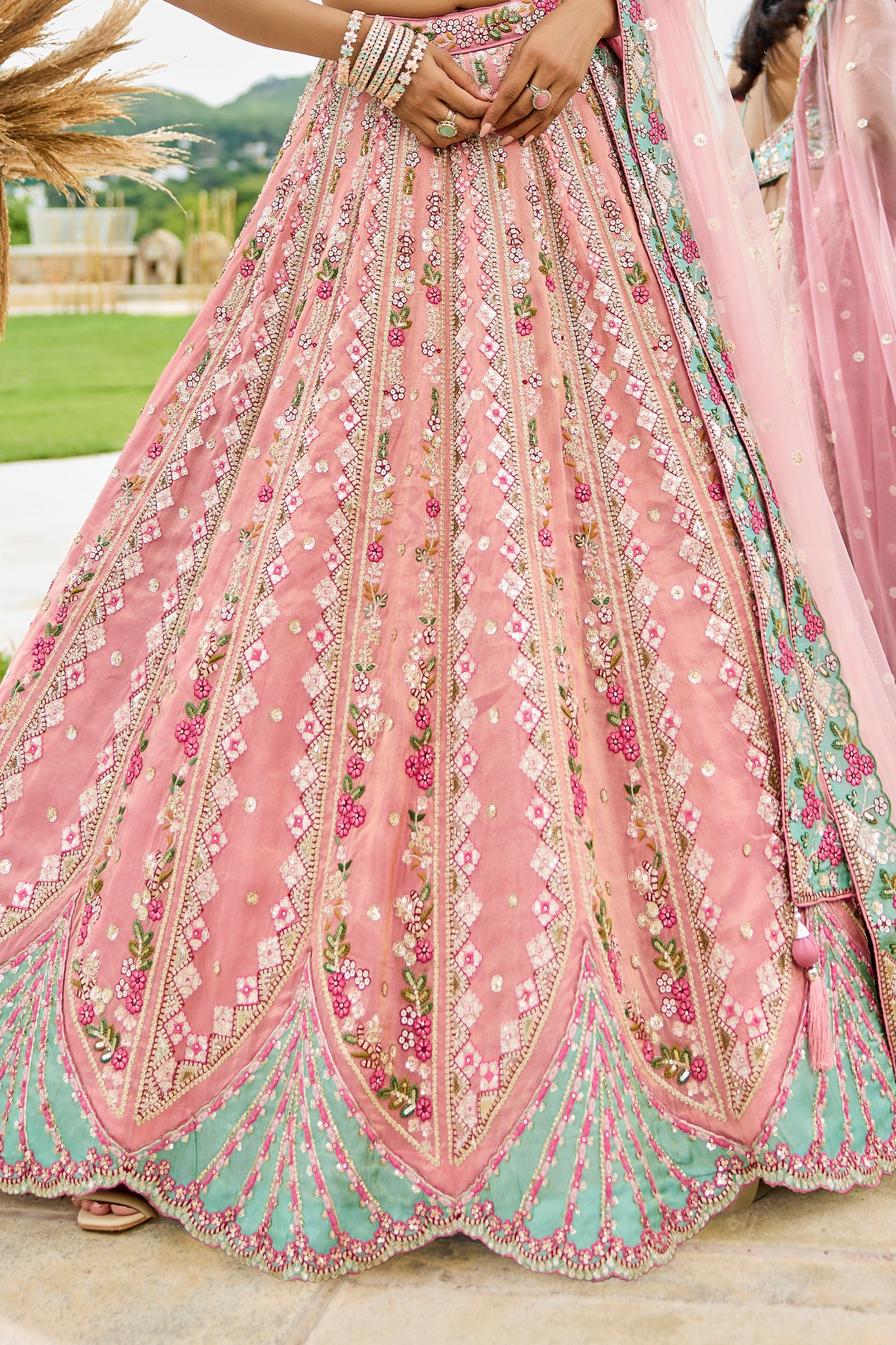 Pink Semi-Stitched Embroidered Tissue Lehenga