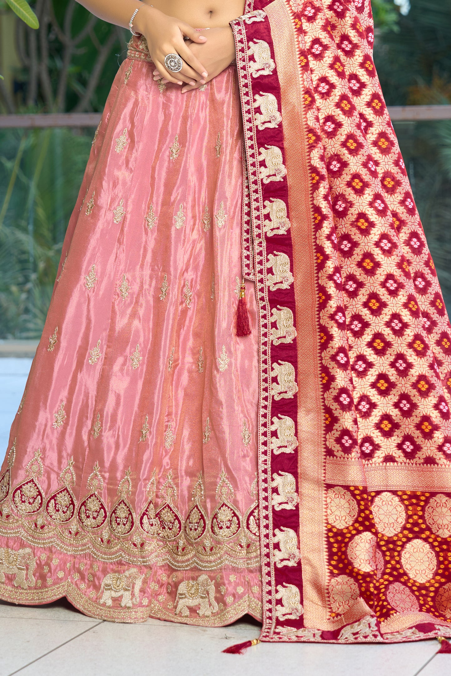 Pink Semi-Stitched Embroidered Viscose Lehenga
