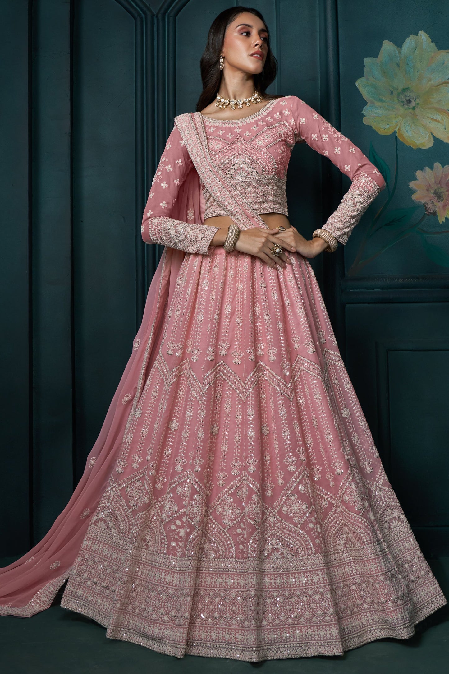 Pink Semi Stitched Embroidered Georgette Lehenga-LC10_4_SareeButa.com