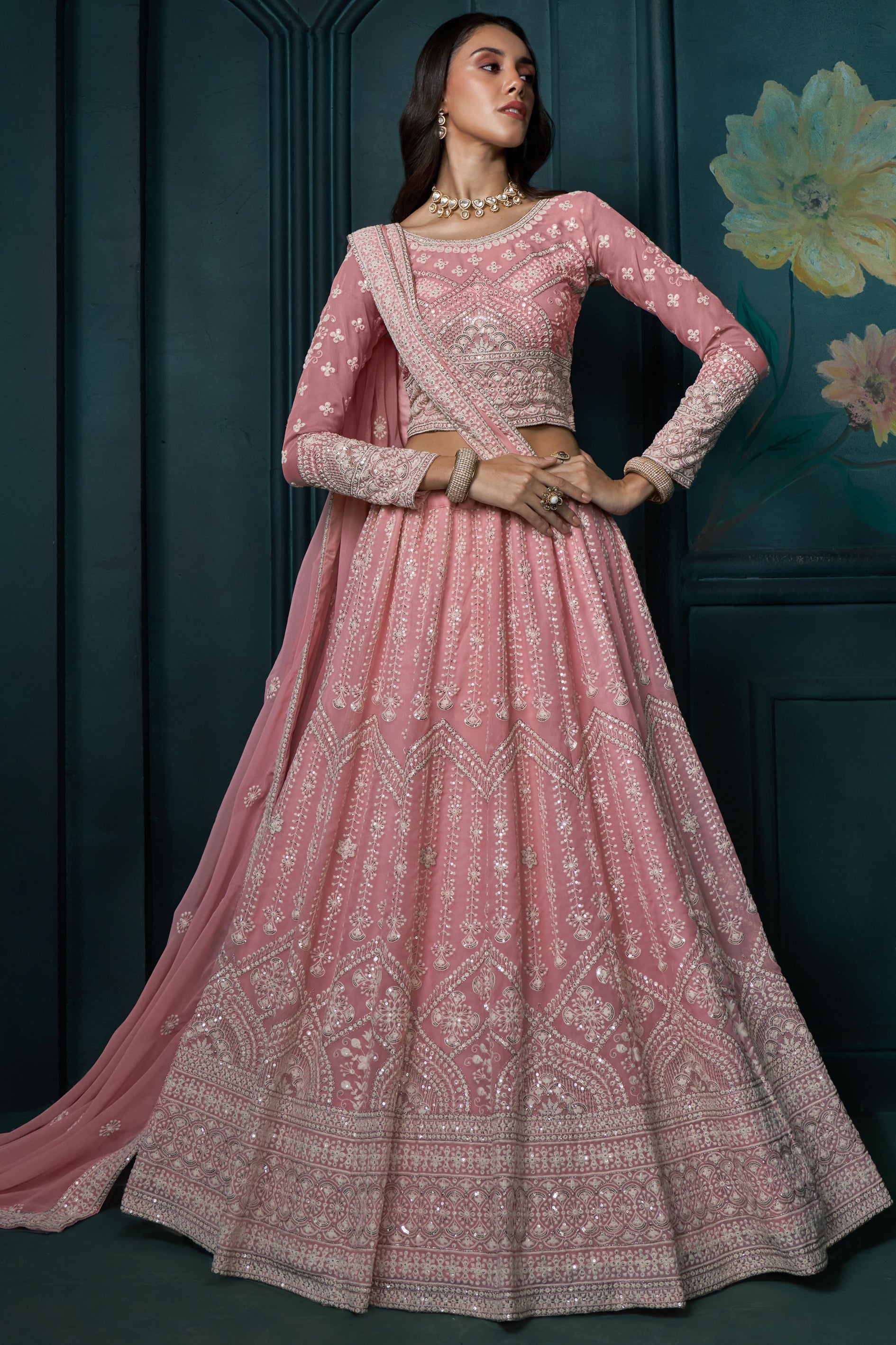 Pink Semi Stitched Embroidered Georgette Lehenga-LC10_4_SareeButa.com