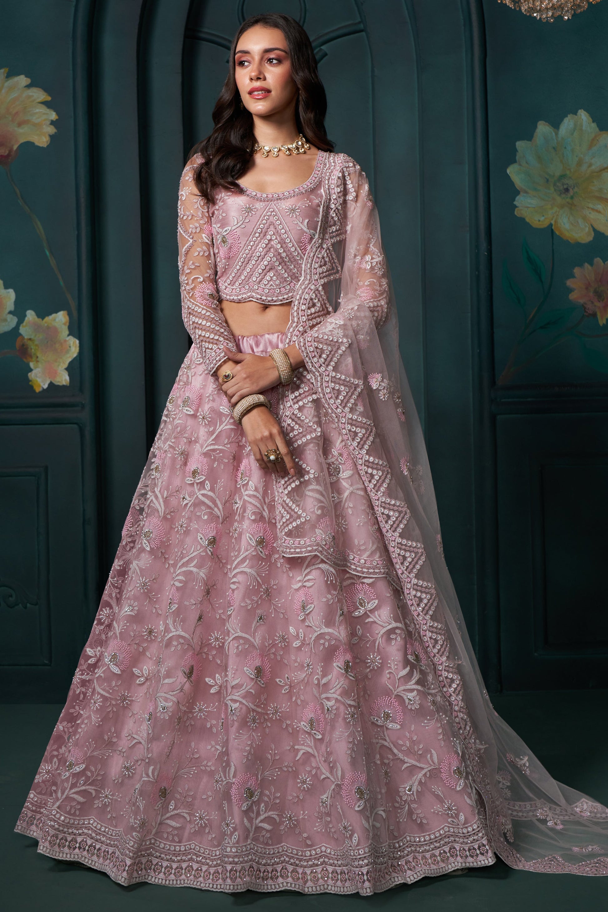 Pink Semi Stitched Embroidered Net Lehenga-LC8_1_SareeButa.com